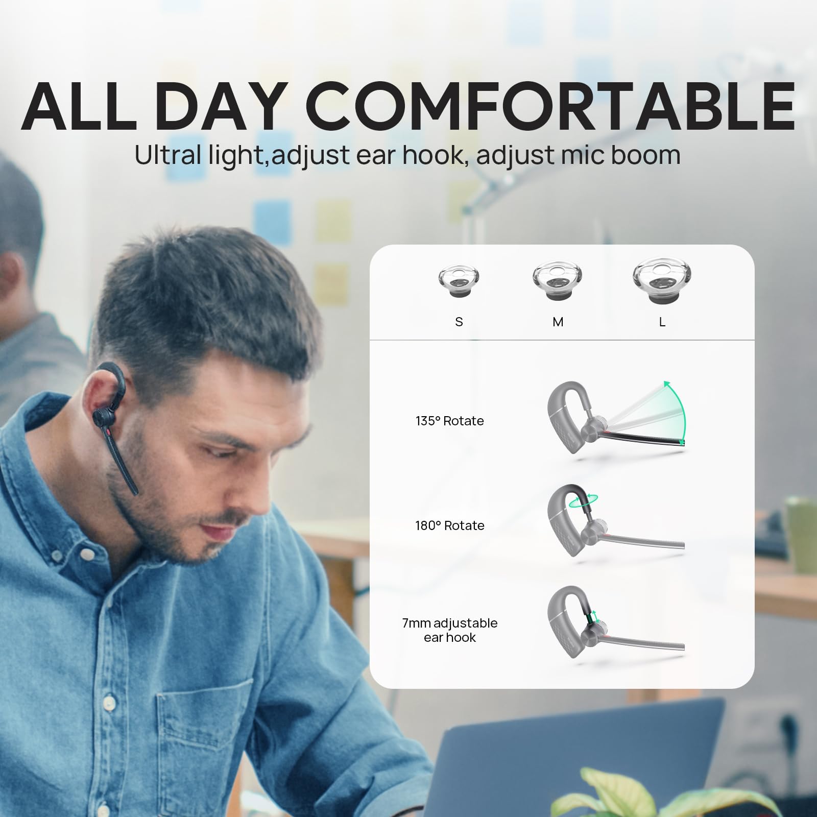 Yealink BH71 Wireless Bluetooth Headset with 4 Noise Cancelling Microphones, Adjustable Ear Hook - Compatible with iPhone & Android Phones for Driving, Office Work, Call Center & Remote Meetings