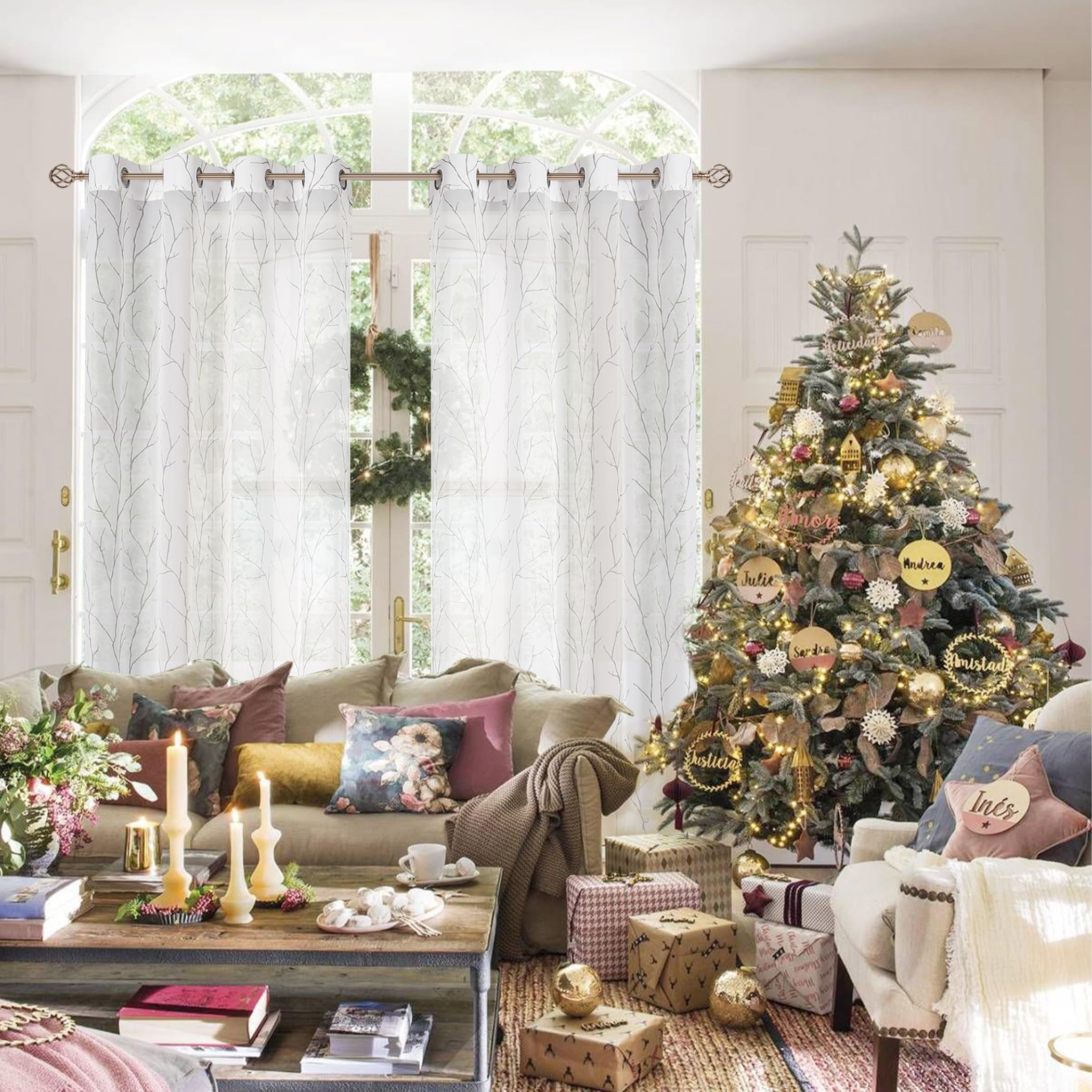 BUHUA Sheer Window Curtains 52x63 Inches - 2 Panel Set with Christmas Tree Pattern, Semi-Transparent White Kitchen & Living Room Drapes for Privacy & Holiday Decor