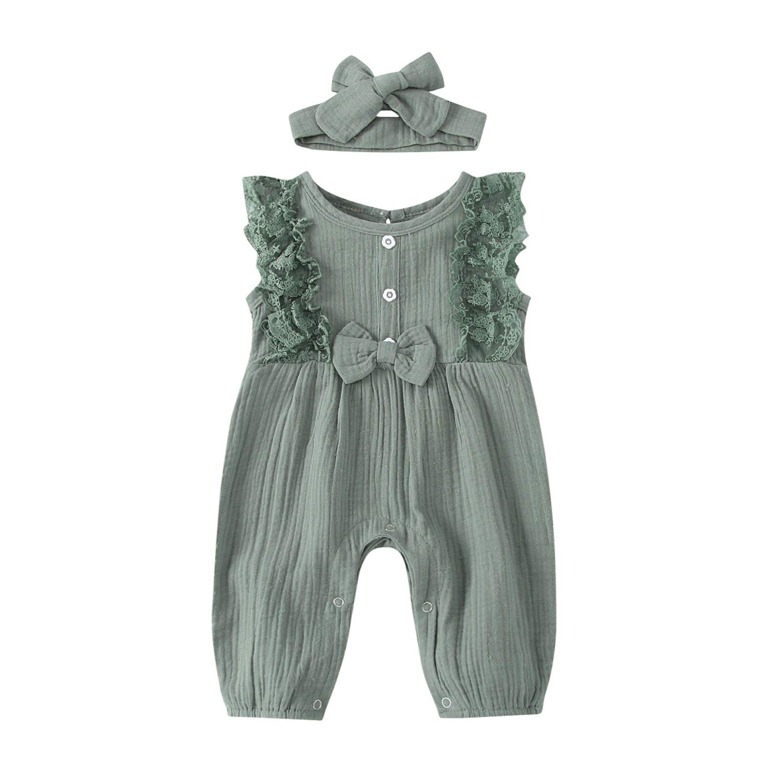 Soft Cotton Linen Baby Girl Romper with Lace Bow - 1-Piece Jumpsuit Outfit for Newborns & Infants | Perfect for Summer, Photo Shoots & Special Occasions