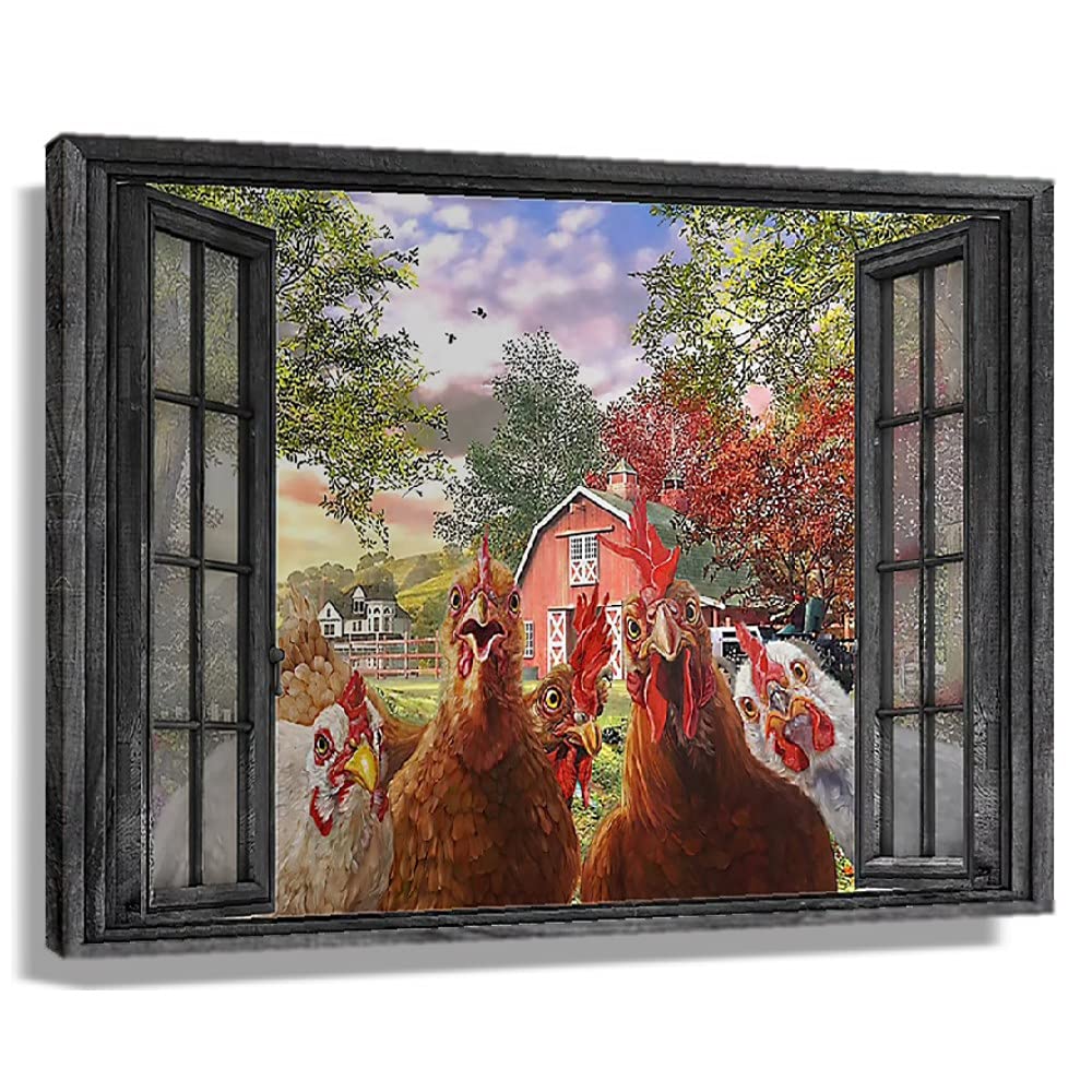 CLXKC Vintage Funny Chicken by the Window Poster - Farmhouse Wall Art Decor for Living Room, Bathroom - Framed Canvas Print (24x36 inches, 60x90cm) - Perfect for Country Kitchen, Cozy Bedroom & Rustic Home Decor