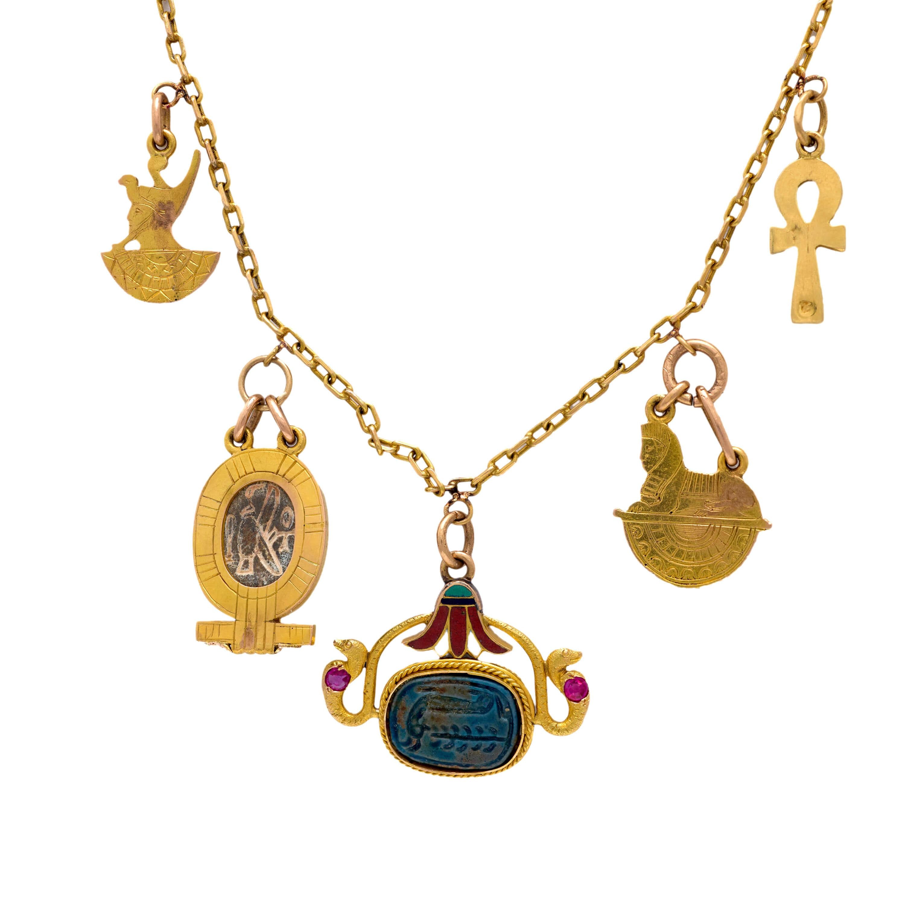 Vintage Art Deco 18k Gold Egyptian Revival Enamel Charm Necklace - Perfect for Special Occasions, Gift Giving & Boho Fashion
