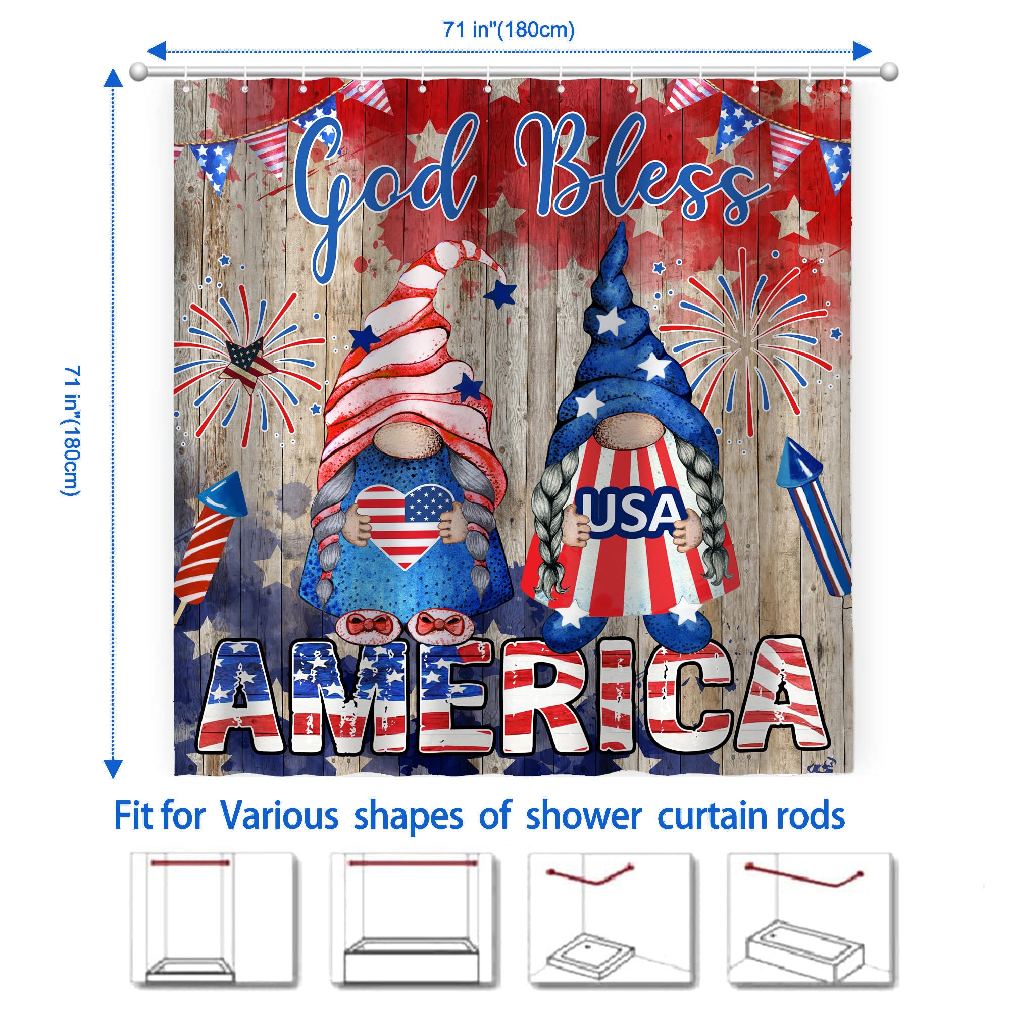 4th of July Shower Curtain - Patriotic American Flag Bathroom Decor with Stars & Stripes | Waterproof Independence Day Gnome Design with Hooks | 71x71 Inches for Home & Holiday Celebrations