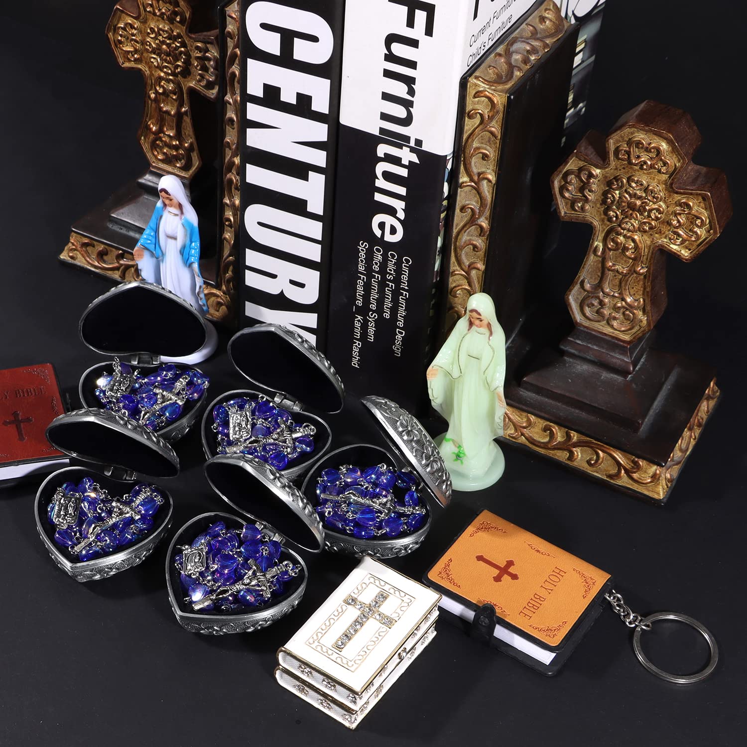 Blue Crystal Heart Rosary Beads Necklace for Women & Girls - Catholic Anglican Prayer Beads with Vintage Heart Jewelry Box - Perfect Christian Gift for Baptism, First Communion & Daily Devotion