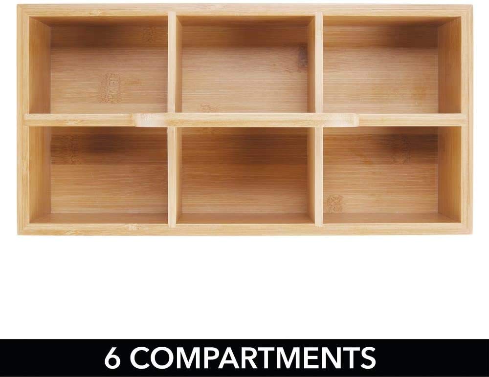 Natural Bamboo Organizer with Handle - 6 Compartments for Kitchen, Bathroom, Cosmetics, Crafts & Office Supplies | Perfect for Home Organization & Storage Solutions