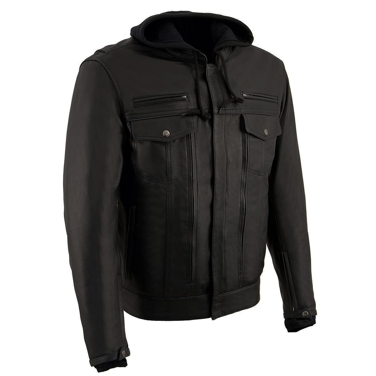 Milwaukee Leather MLM1537 Men's Black Utility Pocket Vented Motorcycle Jacket with Removable Hood - Windproof & Breathable Riding Gear for Harley, Cruiser & Adventure Bikes