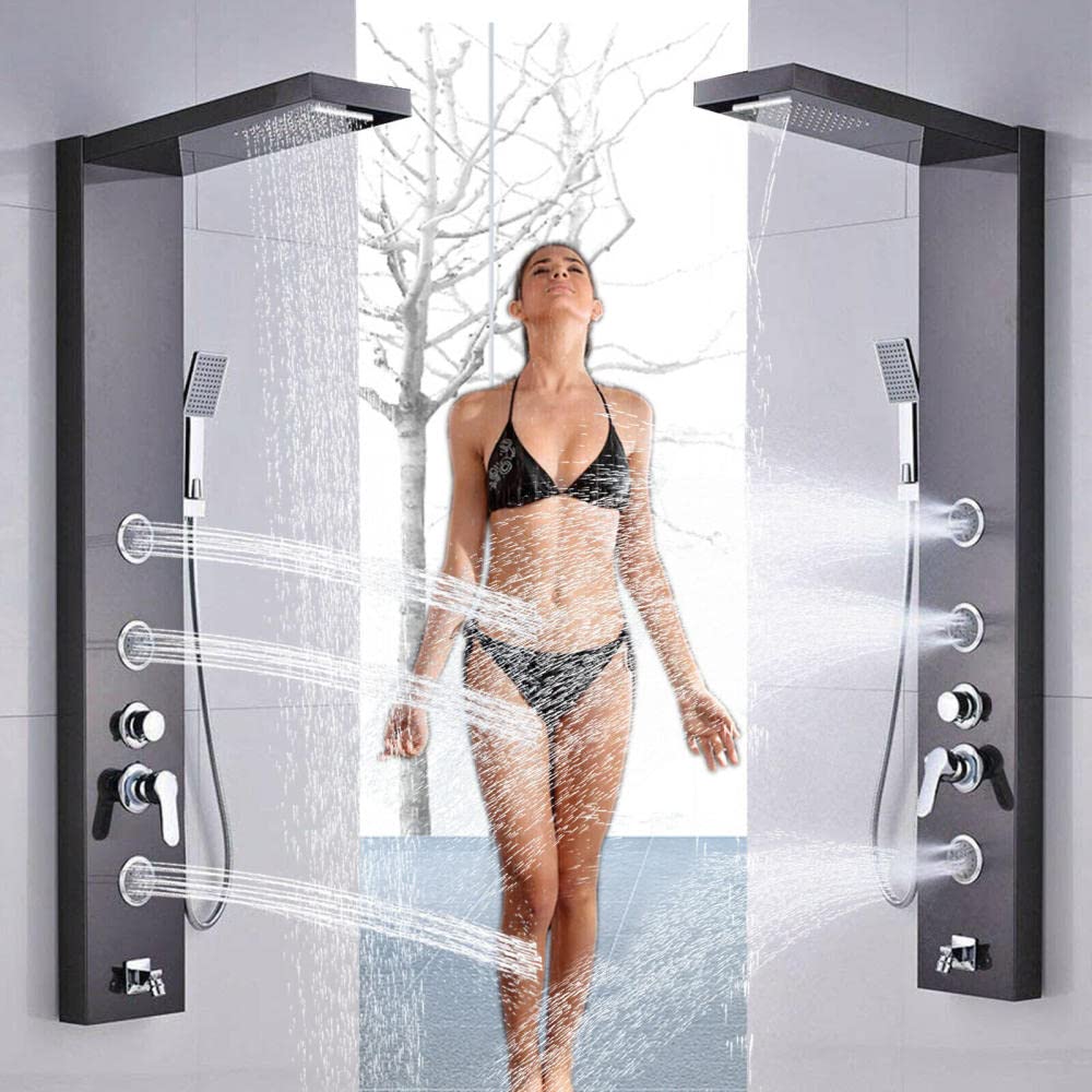 Black Rainfall Waterfall Combo Faucet Shower Panel Tower with Body Jets - Massage System for Luxury Bathroom Spa Experience