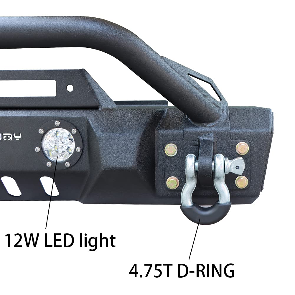 Black Textured Front Bumper with Winch Plate, 4 Aluminum Lights & 2 D-Rings for 1997-2006 Jeep Wrangler TJ - Off-Road Protection & Adventure-Ready Upgrade