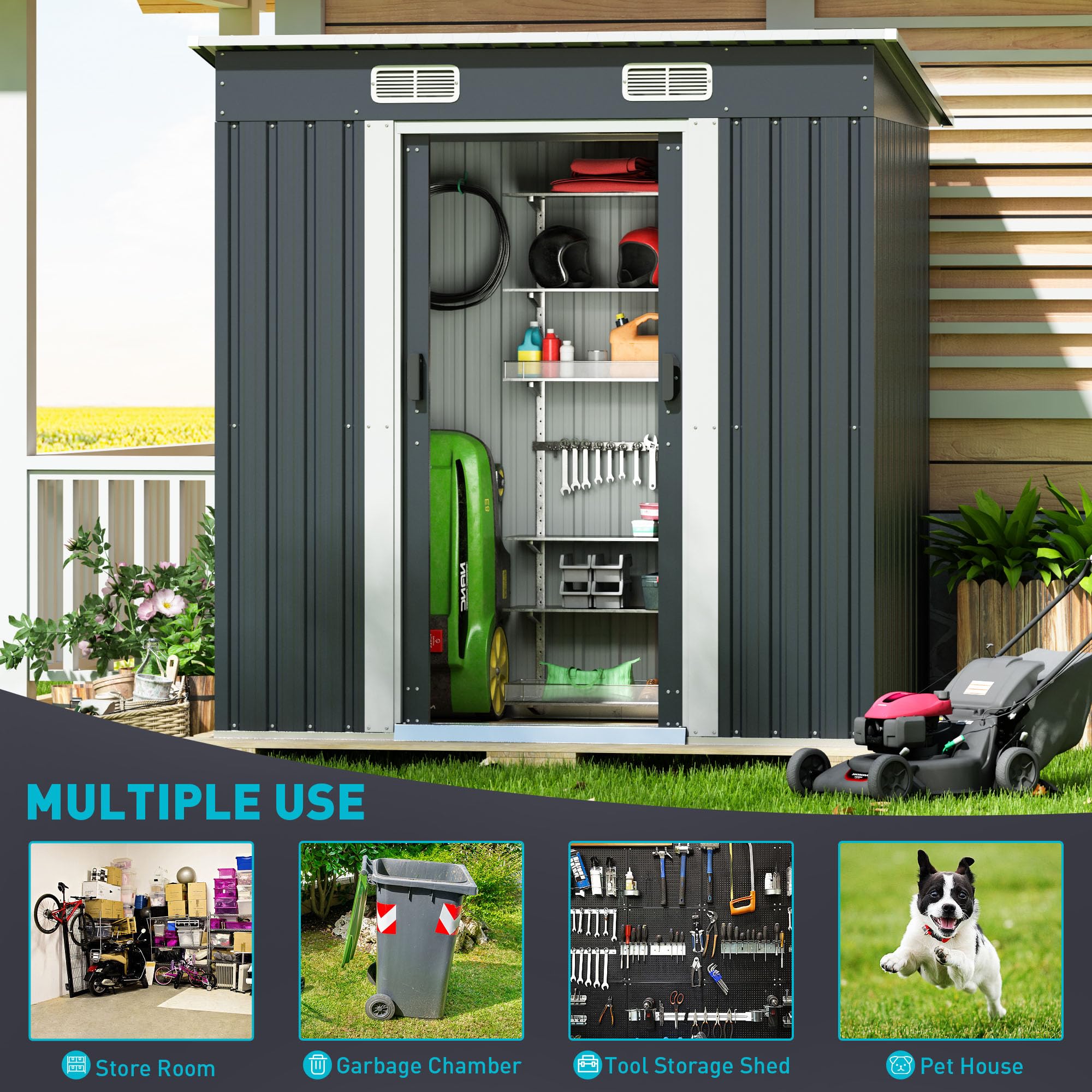 JAXPETY 6'x4' Metal Garden Storage Shed with Sliding Doors & Air Vent - Lockable Outdoor Tool Shed for Backyard, Patio, Lawn - Perfect for Storing Gardening Tools, Lawn Equipment & Seasonal Items