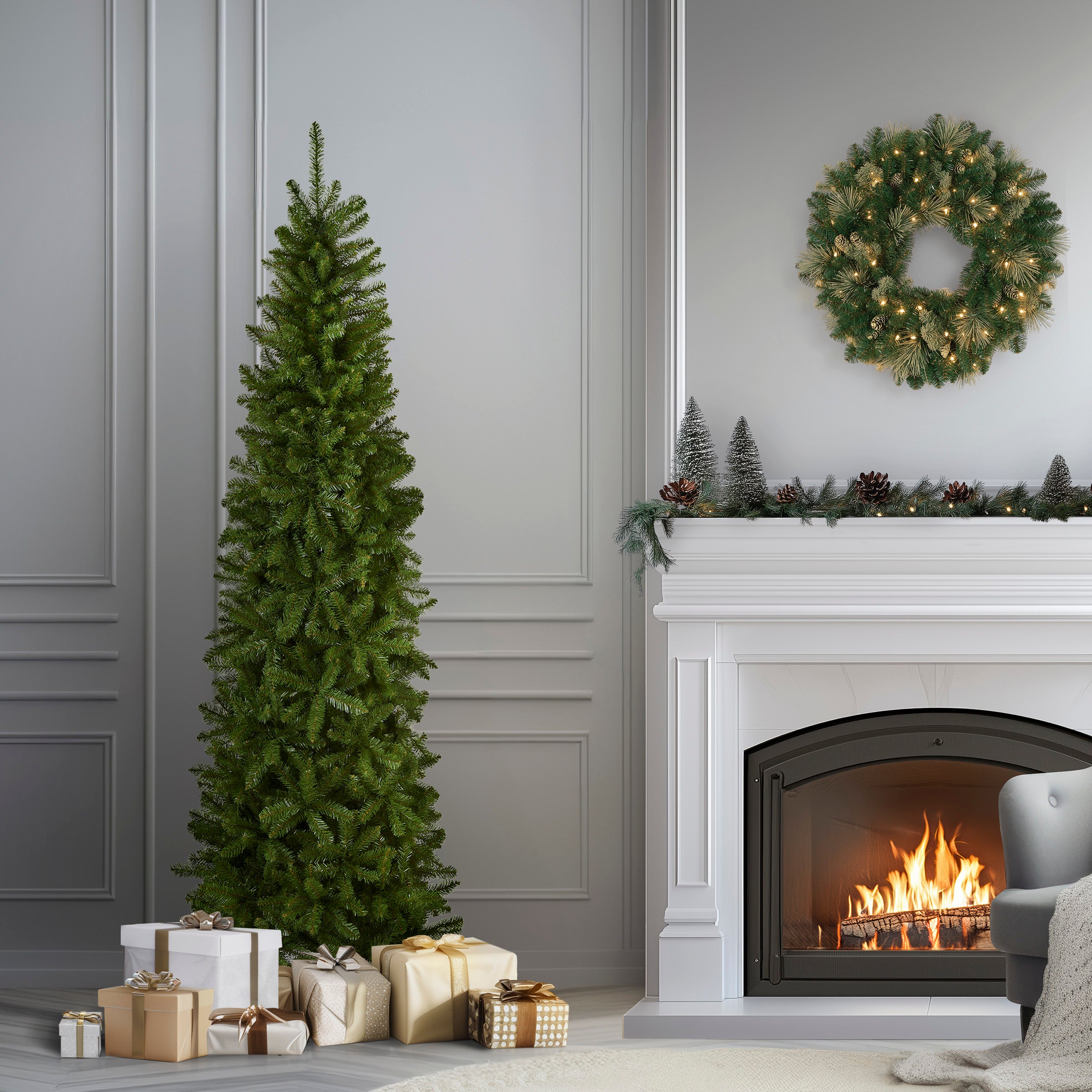 7 ft. Kingswood Fir Pencil Christmas Tree - Slim Artificial Holiday Tree for Small Spaces, Home & Office Decor