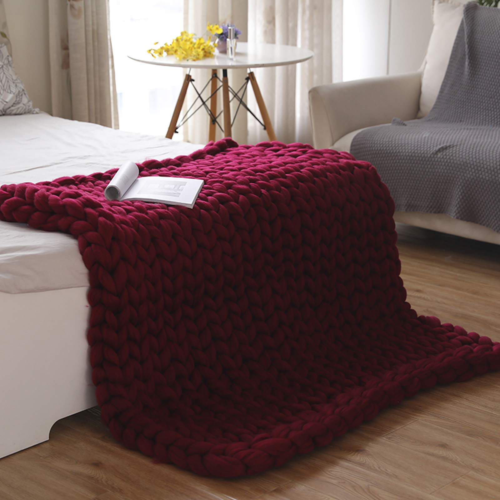 Chunky Knit Blanket Burgundy - 80x80in Luxury Synthetic Wool Throw Blanket for Bed, Sofa & Chair - Handmade Cozy Knitted Blanket for Cuddling, Home Decor & Winter Warmth - Perfect for Living Room, Bedroom & Gift Giving