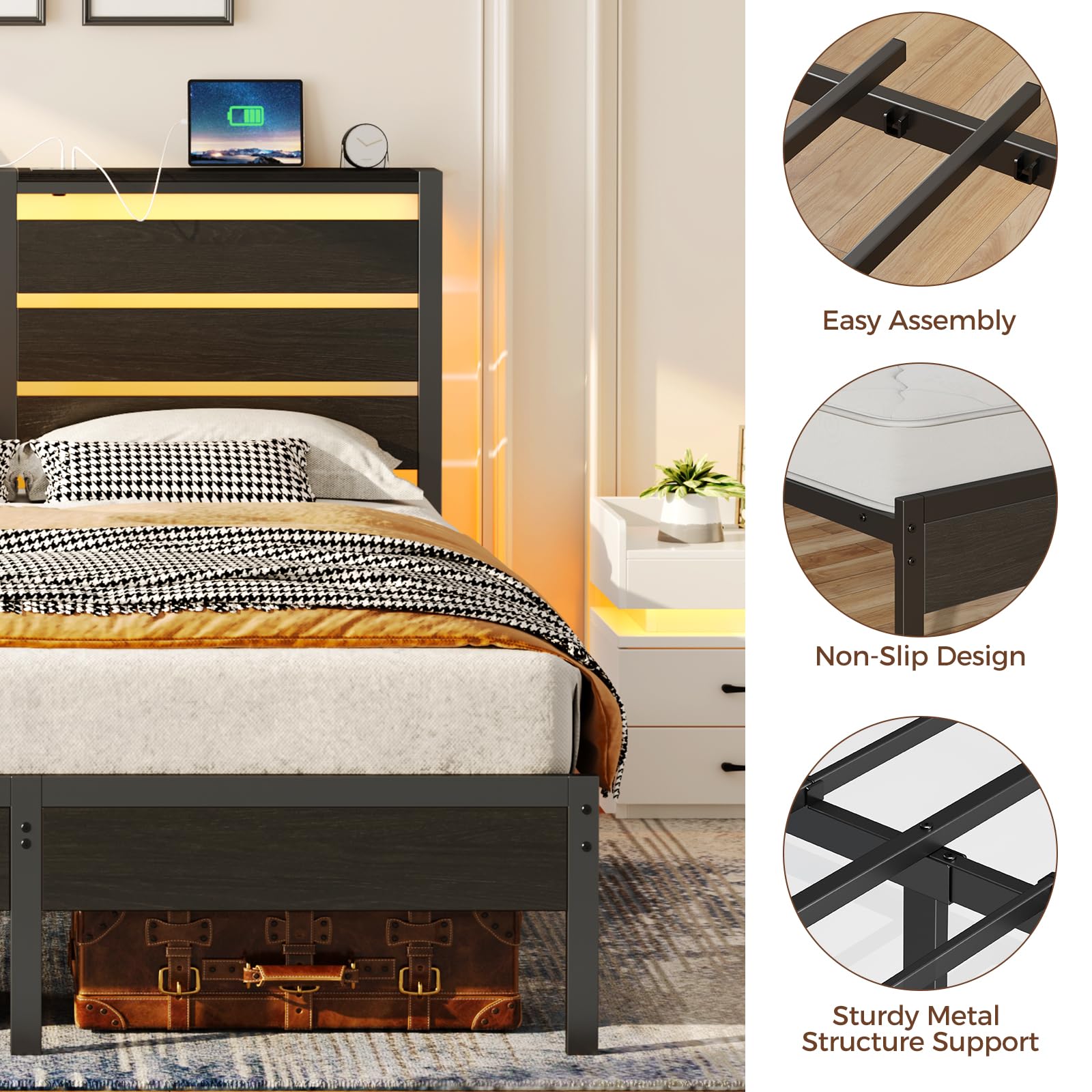 Rolanstar Queen Size Bed Frame with USB Charging & LED Lights - Wood Storage Headboard, Black Metal Platform Bed with Under Bed Storage - No Box Spring Needed, Noise Free - Perfect for Modern Bedrooms & Small Spaces