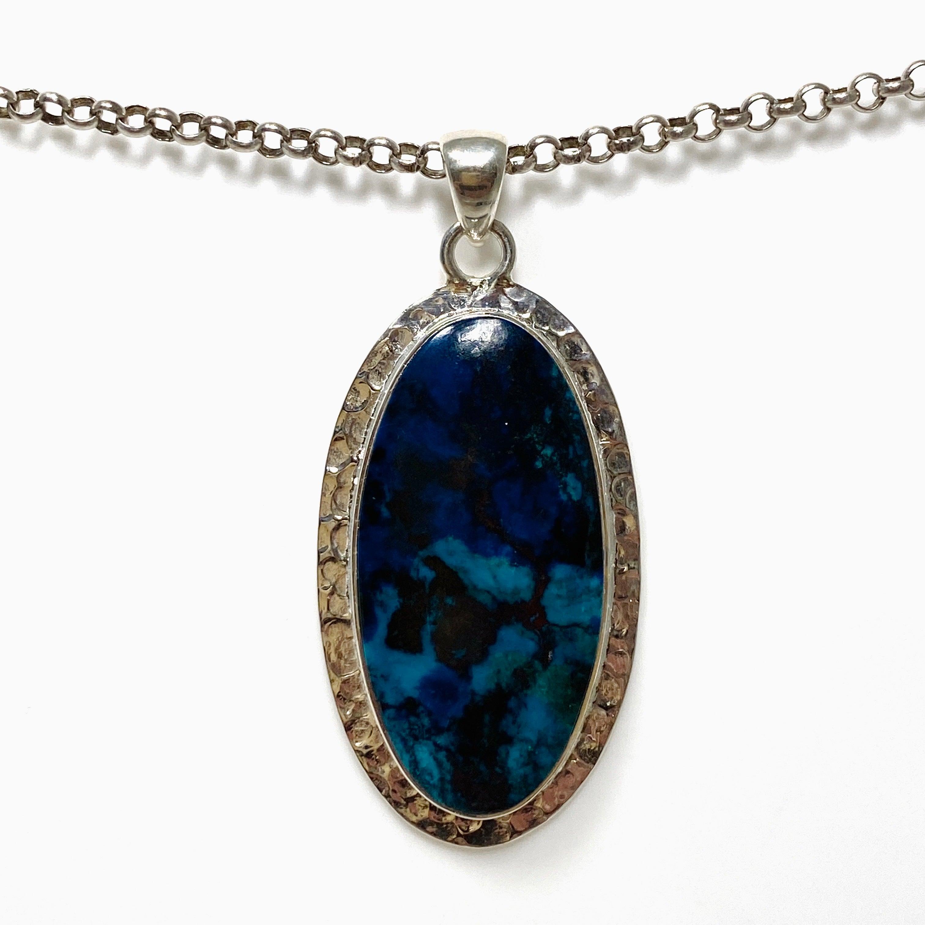 Natural Shattuckite with Cuprite Oval Pendant Necklace - Handcrafted Hammered Silver Jewelry KPGJ4417 | Healing Crystal Gift for Meditation & Spiritual Energy