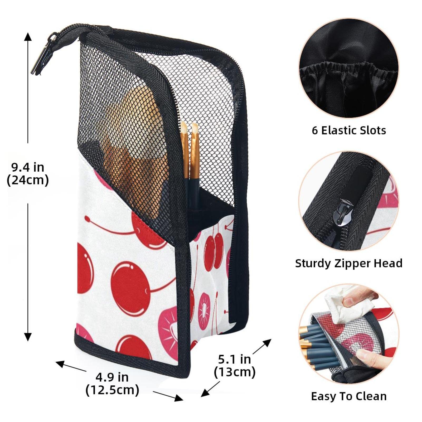 Portable Makeup Brush Organizer Bag with 12 Slots - Cherry Fruit Print Cosmetic Brush Holder Case for Travel & Home Storage | Perfect for Makeup Artists & Beauty Enthusiasts