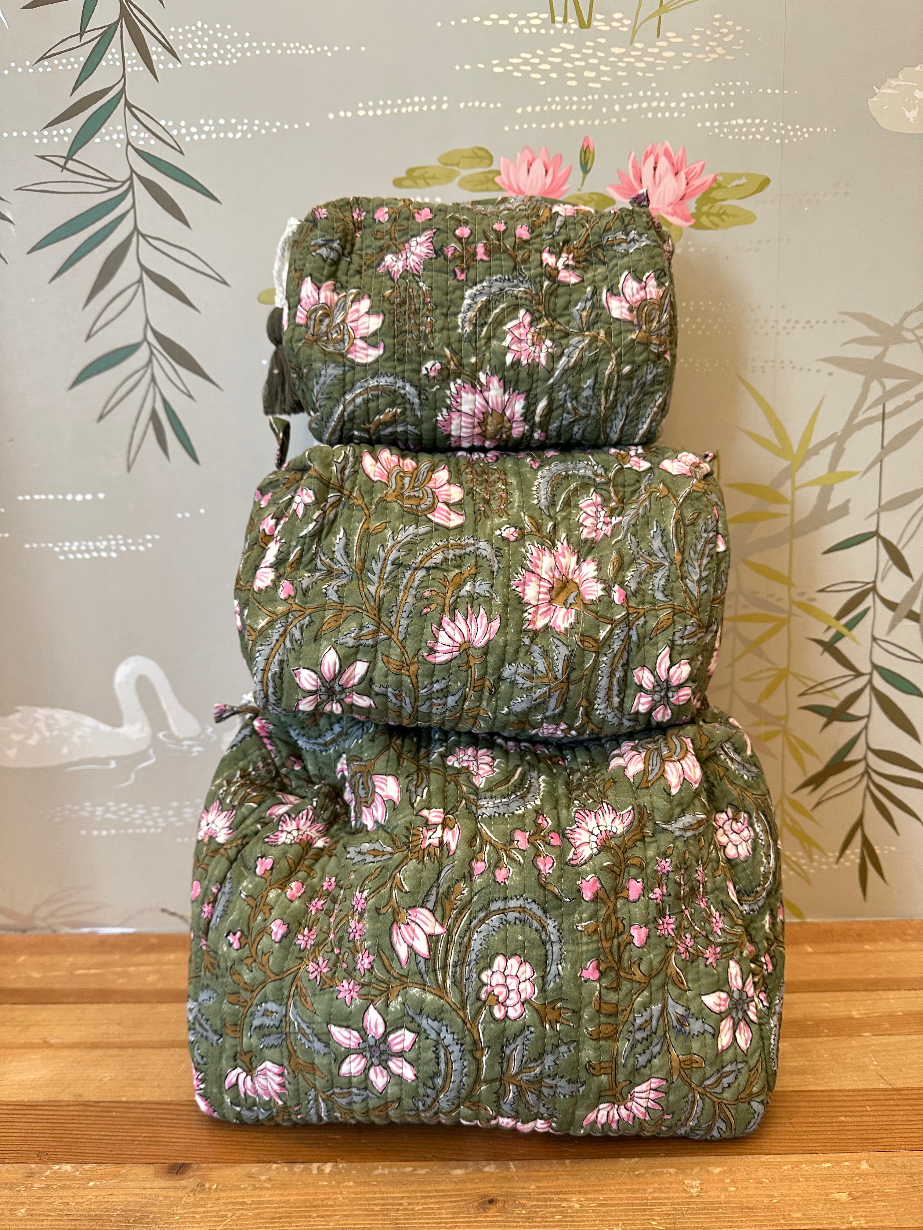 Handmade Block Print Cosmetic Bag Set - Olive Green Vegan Leather Travel Organizer for Makeup & Toiletries | Perfect for Travel, Gym, and Everyday Use
