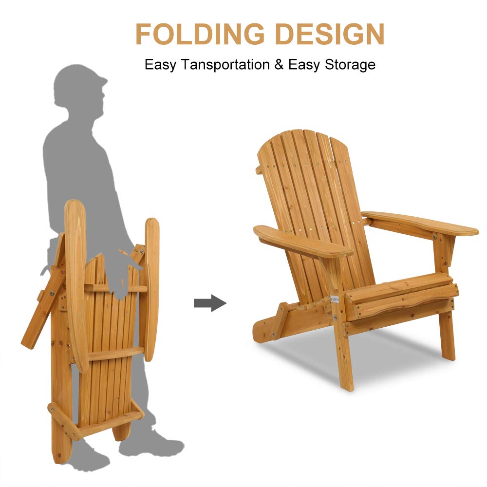 VINGLI 2-Piece Folding Wooden Adirondack Chair Set with Table - Ergonomic Outdoor Patio Furniture for Fire Pit, Beach, Balcony & Backyard - Natural Finish Comfortable Lawn Chairs for Relaxing in Garden, Poolside or Deck