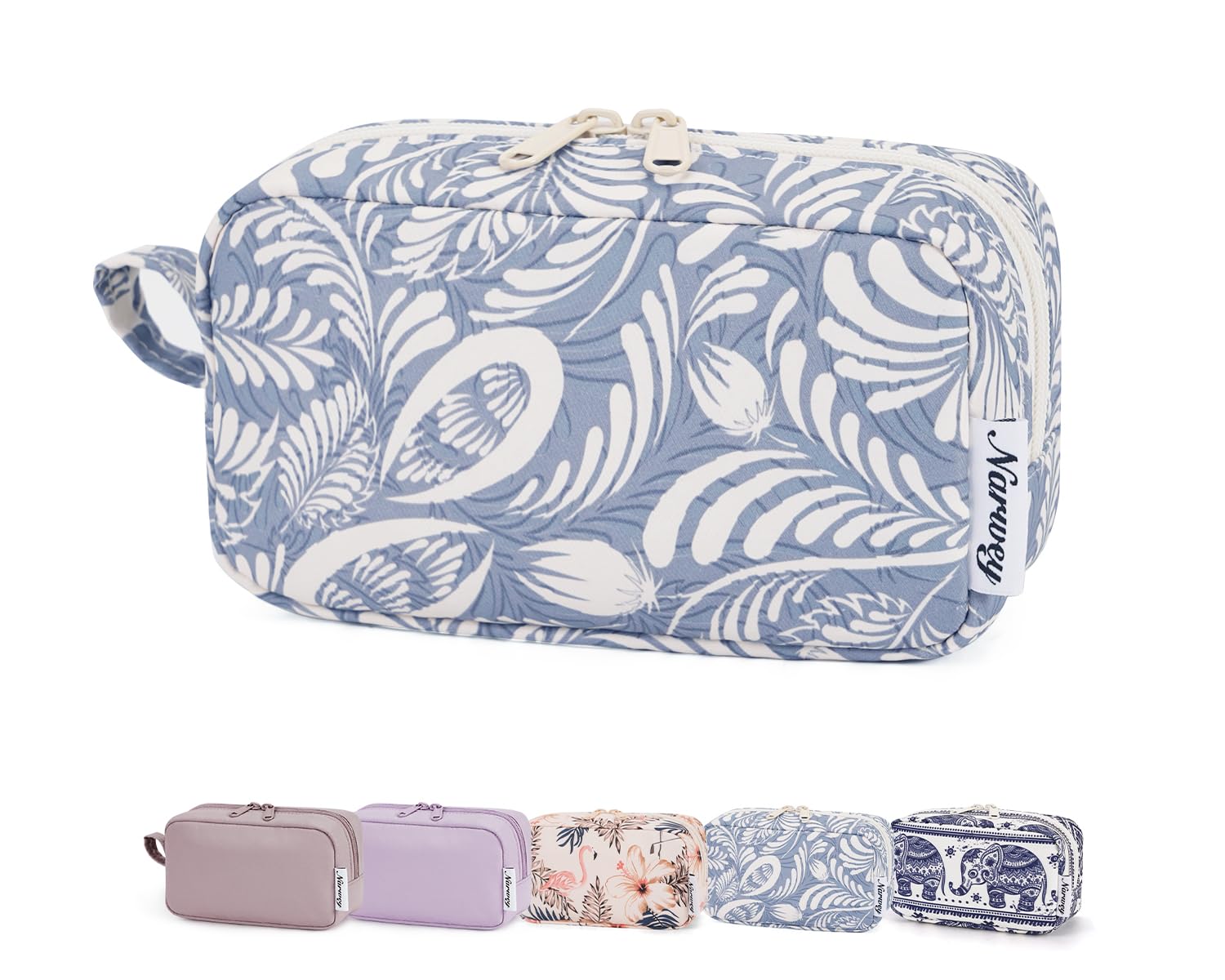 Narwey Small Cosmetic Bag for Women | Travel Mini Makeup Pouch with Zipper & Organized Pockets | Cute Purse Organizer for Cosmetics, Toiletries & Jewelry | Perfect for Travel, Daily Use & Gift Giving (Blue Leaf Design)
