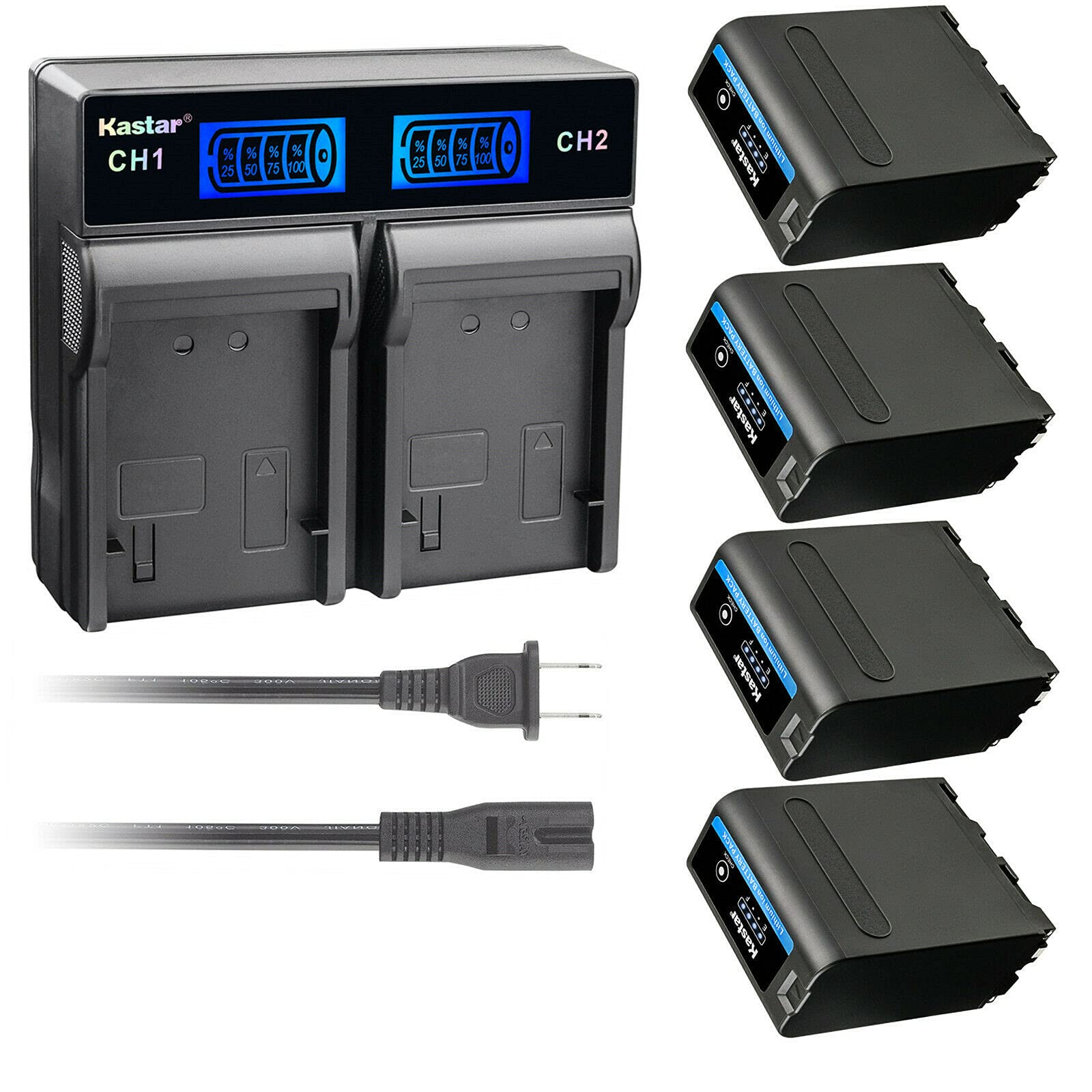 Kastar 4-Pack NP-F990 PRO Rechargeable Batteries & LCD Dual Rapid Charger for Sony Camcorders - Compatible with HVR-DR60, HVR-HD1000, HVR-M10, HVR-V1, HVR-Z1, Z5, Z7, HVL-20DW, HVL-LBPA, HVL-ML20, HDV-FX1, HDV-Z1, HDR-AX2000 - Perfect for Professional Videography, Live Streaming, and Extended Shooting Sessions