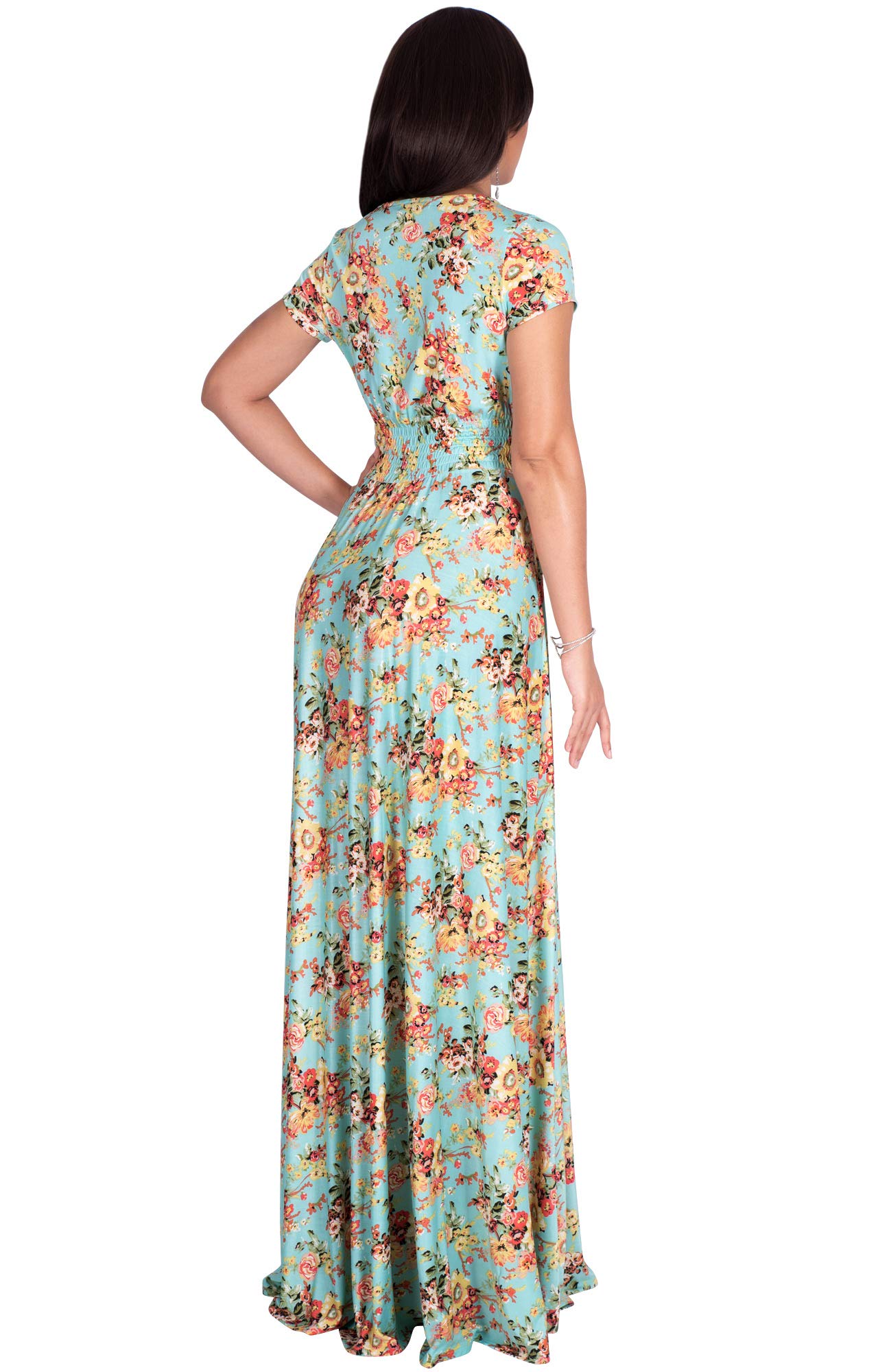 KOH KOH Women's Long Maxi Summer Dress - Floral Print Short Sleeve Flowy Modest Gown for Beach, Vacation & Casual Wear