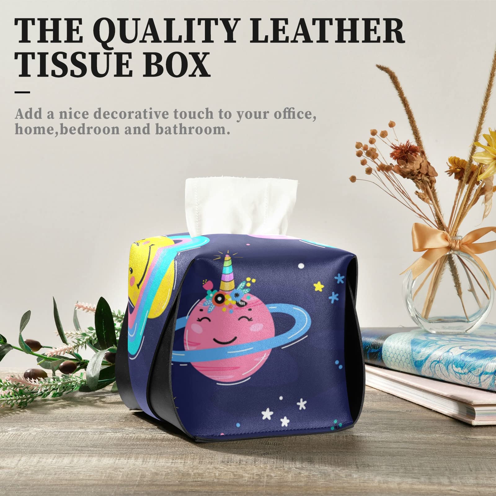 Unicorn Horn Tissue Box Cover - PU Leather Square Tissue Holder with Handle for Bathroom, Bedroom & Office | Cute Home Decor & Gift Idea for Girls & Women