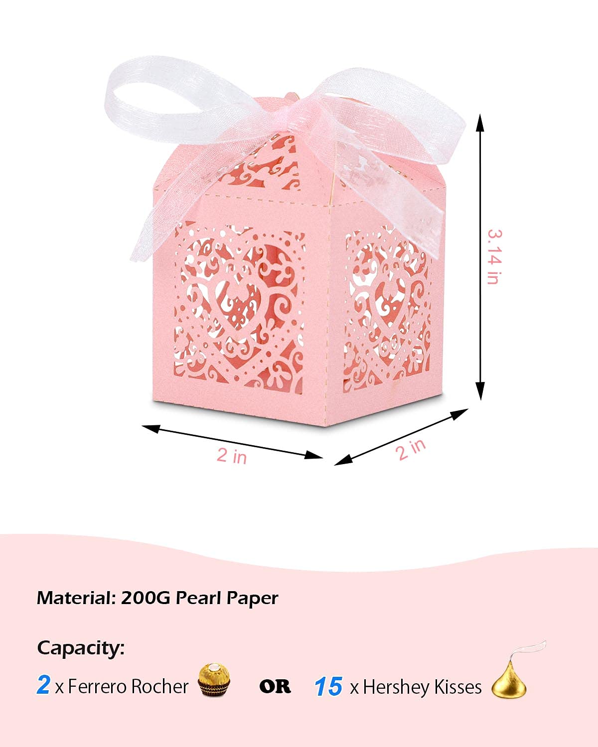 Kslong 50 Pack Pink Heart-Shaped Wedding Favor Boxes - 2x2x2 Inch Small Chocolate Candy Gift Boxes with Ribbon for Wedding, Birthday & Baby Shower Party Decorations - Perfect for Guest Favors, Bridal Showers & Special Events