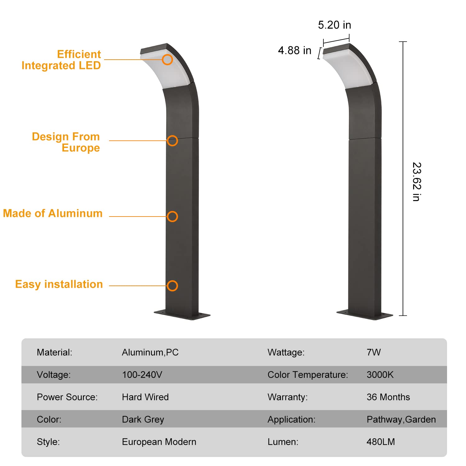 Modern European Design LED Pathway Lights - 7W 480Lm Waterproof IP54 Aluminum Garden Lighting for Walkway, Patio, Yard (23.6In 120V) - Perfect for Landscape, Driveway, and Outdoor Decoration