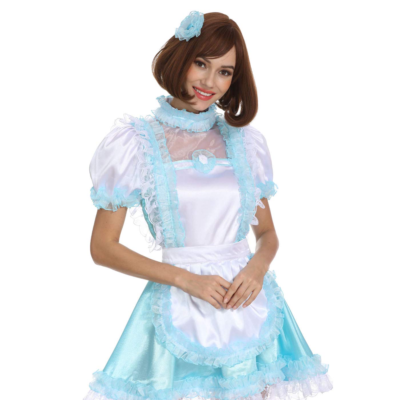 Elegant Pale Blue & White Satin Maid Dress with Ruffled Sleeves - Women's Crossdress Costume for Cosplay, Halloween, and Themed Parties