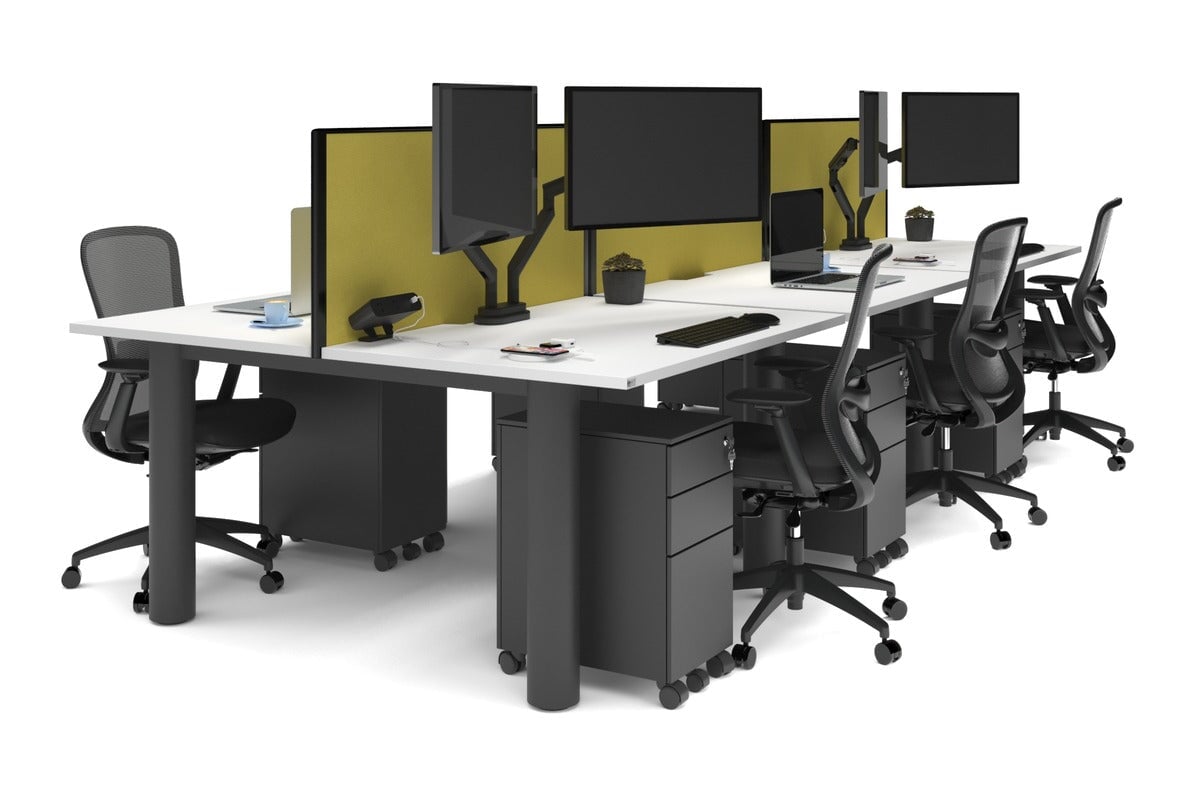 Quadro Cylinder Leg 6-Person Office Workstation Desk - 1400L x 800W with Cable Management Scallop - Modern Open Office Layout, Team Collaboration Space, Shared Workspace Solution