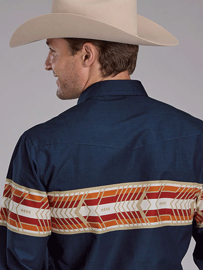 Roper Men's Aztec Border Print Shirt - Navy Blue Casual Button Down Shirt for Western Style & Outdoor Activities