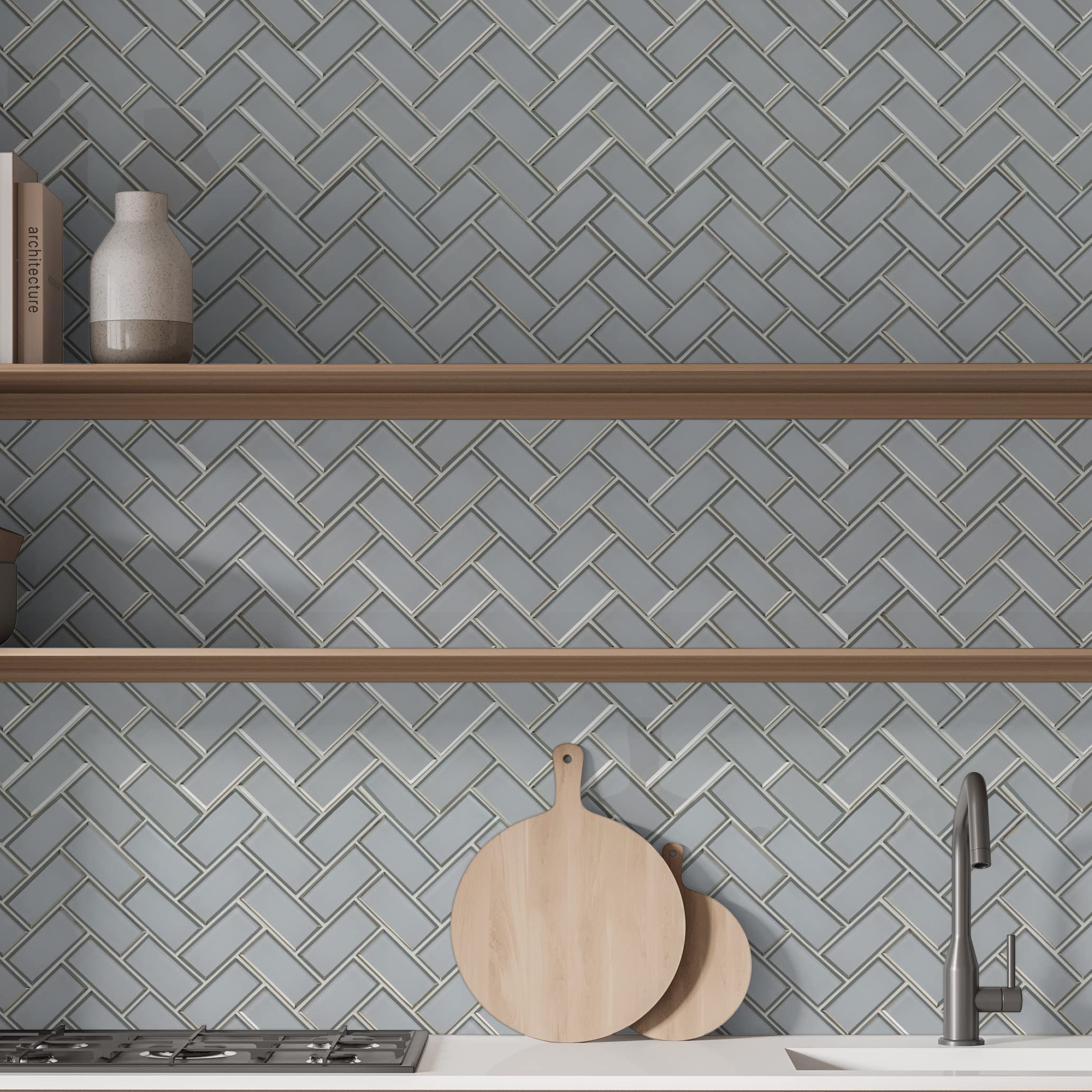 MSI Ice Bevel Herringbone Glass Mosaic Tile 13.86