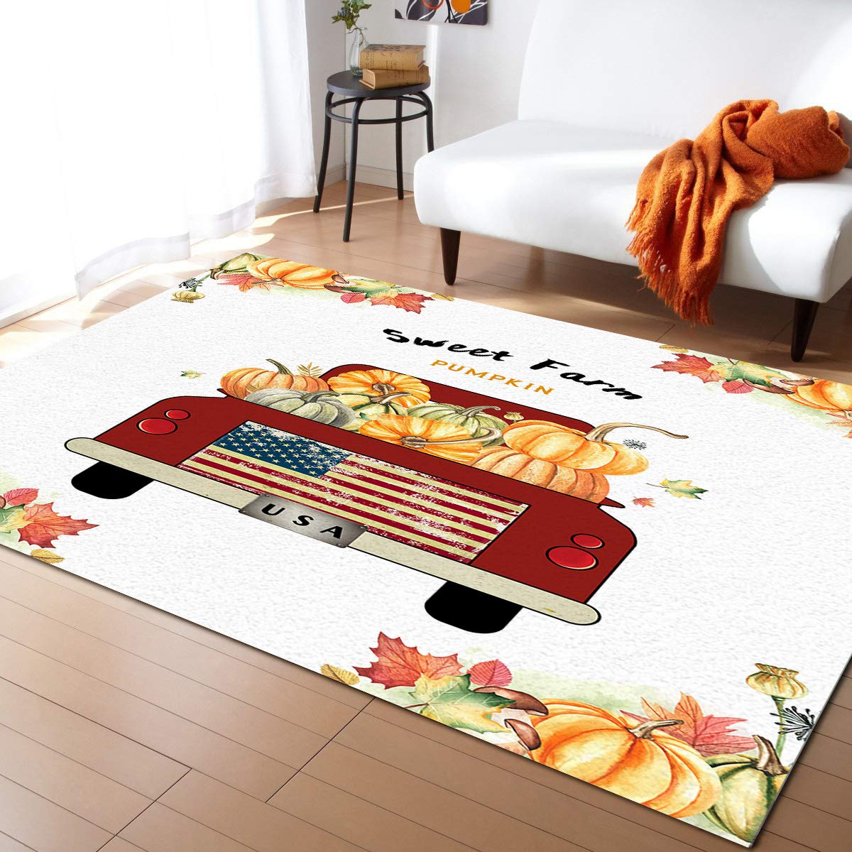 Soft Fuzzy Shaggy Area Rug 5'x8' - Non-Slip Plush Carpet for Bedroom, Living Room, Kids Room & Nursery | Thanksgiving Farm Truck Pumpkin Design | Cozy Home Decor for Apartments & Family Spaces