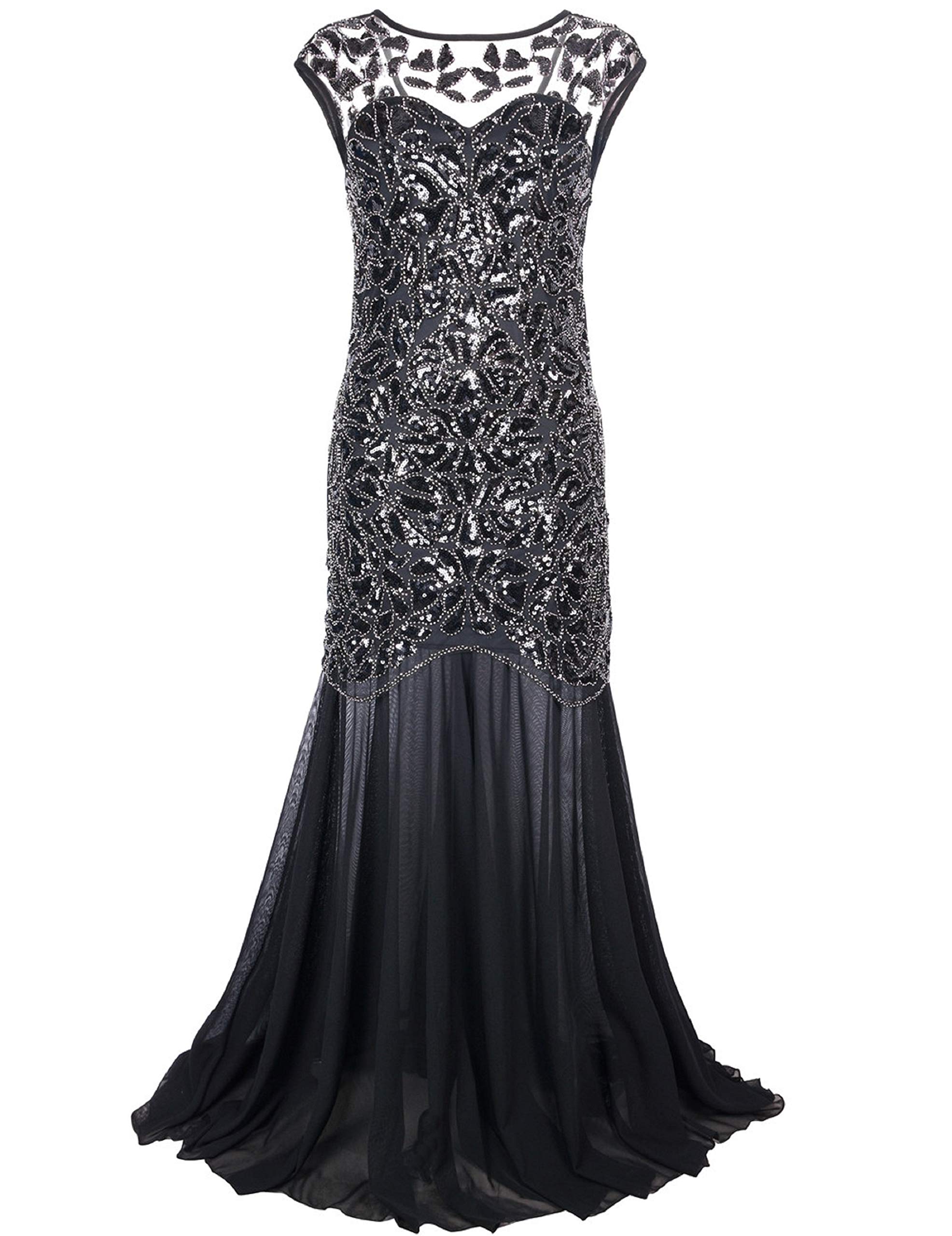PrettyGuide Women's 1920s Black Sequin Gatsby Flapper Maxi Long Evening Prom Dress - Vintage Inspired Roaring 20s Costume for Themed Parties, Halloween, Burlesque Shows & Great Gatsby Events
