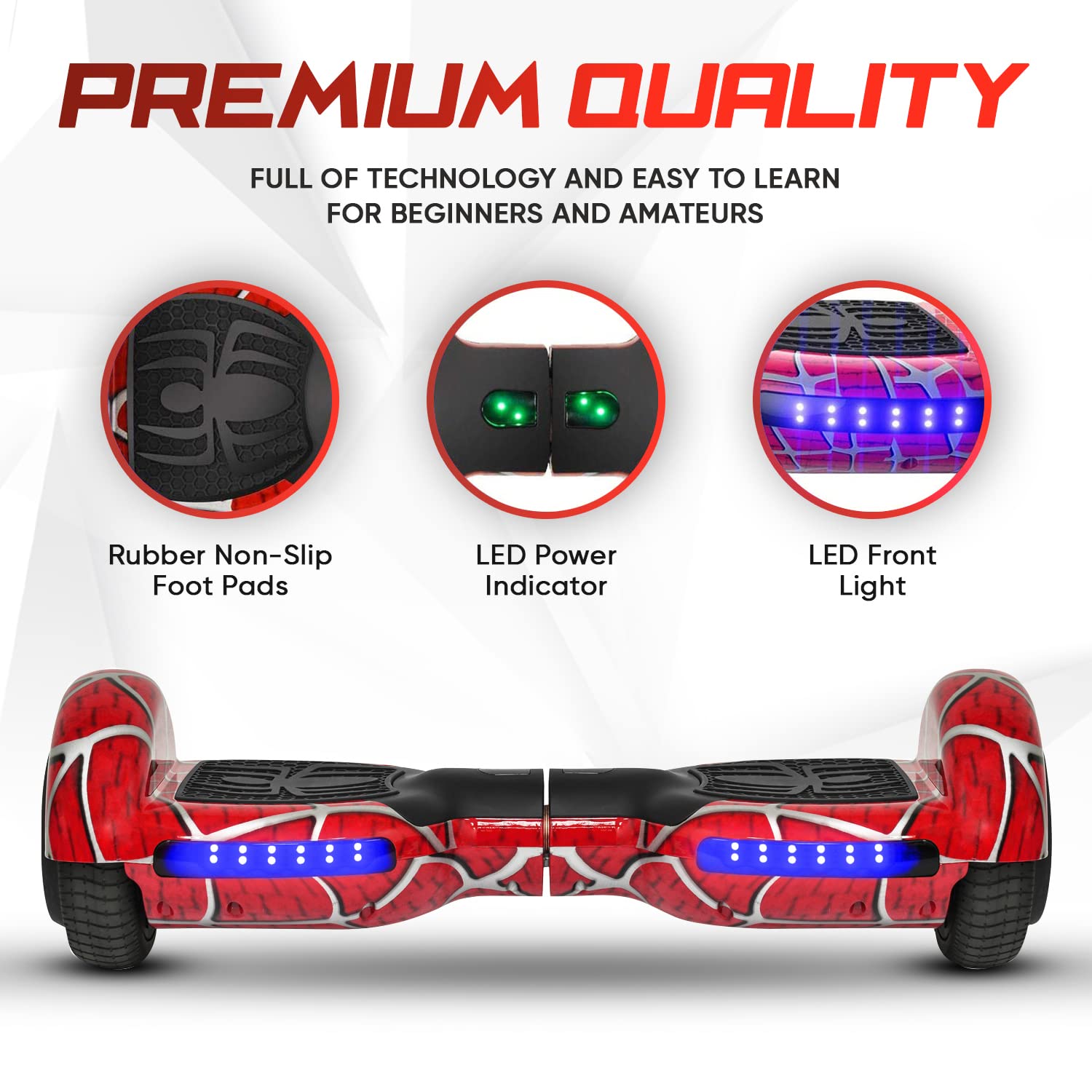 Spider-Pattern Hoverboard for Kids Ages 6-12 | Bluetooth Speaker & LED Lights | 6.5