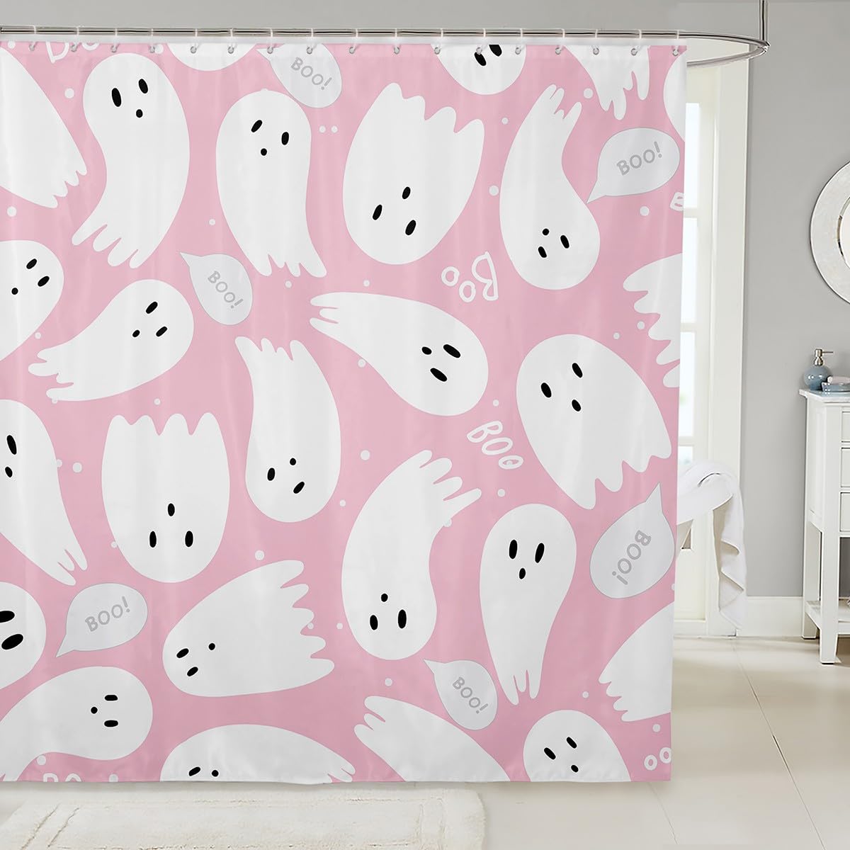 Feelyou Pink Halloween Bath Curtain 72x78 Inches - Cute Cartoon Ghost Shower Curtain for Kids, Kawaii Bathroom Decor, Waterproof Polyester Shower Liner Set - Perfect for Halloween Party Decorations, Kids' Bathroom, and Themed Birthday Decor