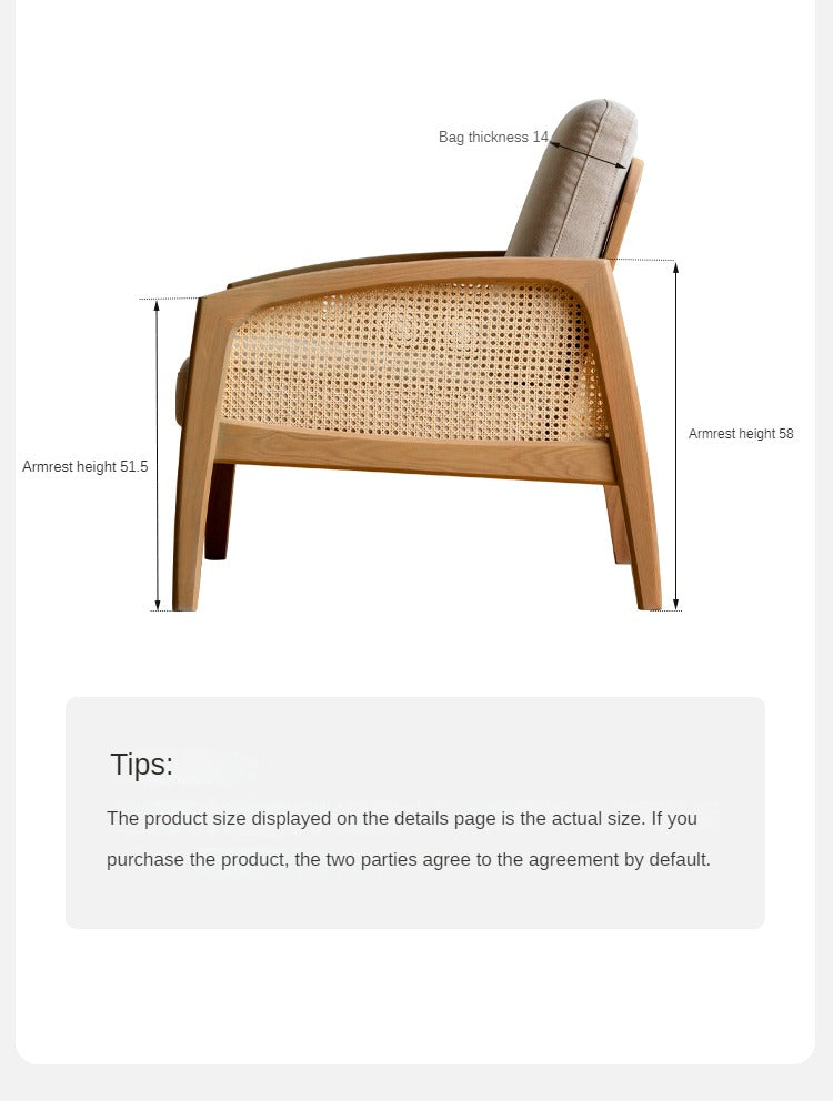 Solid Oak Wood Armchair with Milky Skin Tone Finish and Rattan Accents - Perfect for Living Room, Bedroom, or Office Decor
