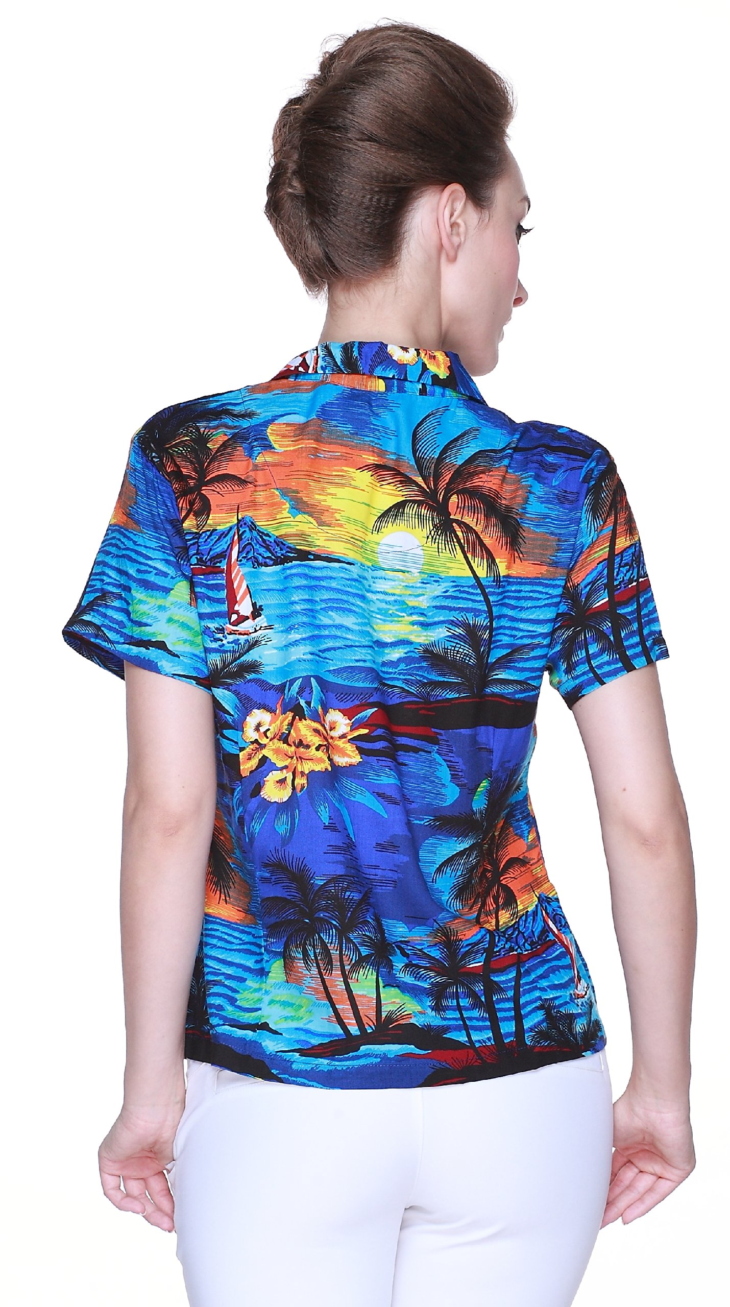 Matching Hawaiian Luau Outfits for Couples - Sunset Blue Aloha Shirts | Tropical Beach Vacation, Summer Party & Honeymoon Outfits