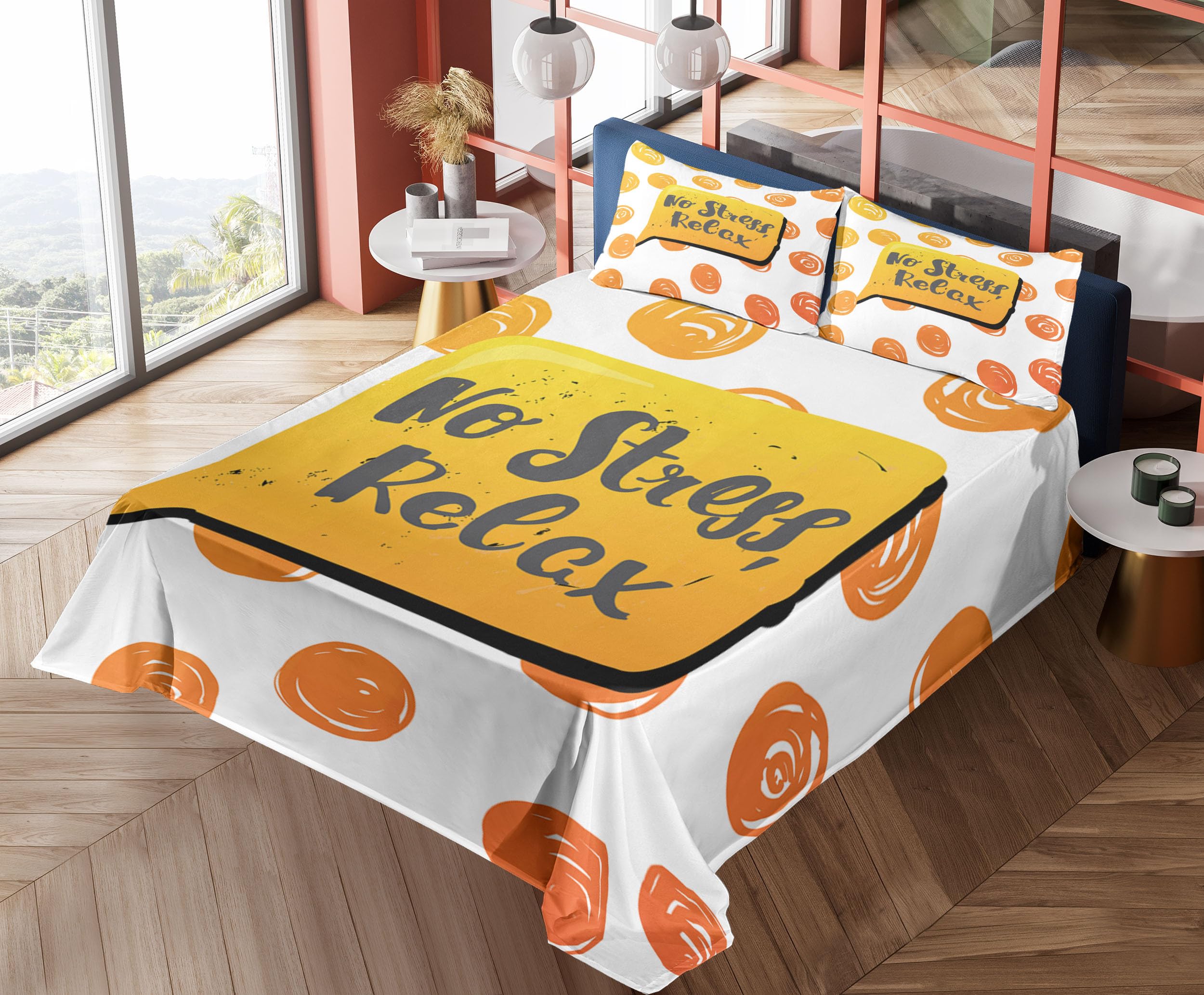 Ambesonne No Stress Relax Phrase Bed Sheet Set - 4 Piece King Size with Fitted Sheet, Flat Sheet & Pillowcases - Vibrant Earth Yellow Orange Speech Bubble Design - Perfect for Stress Relief, Home Decor & Cozy Bedroom Retreat