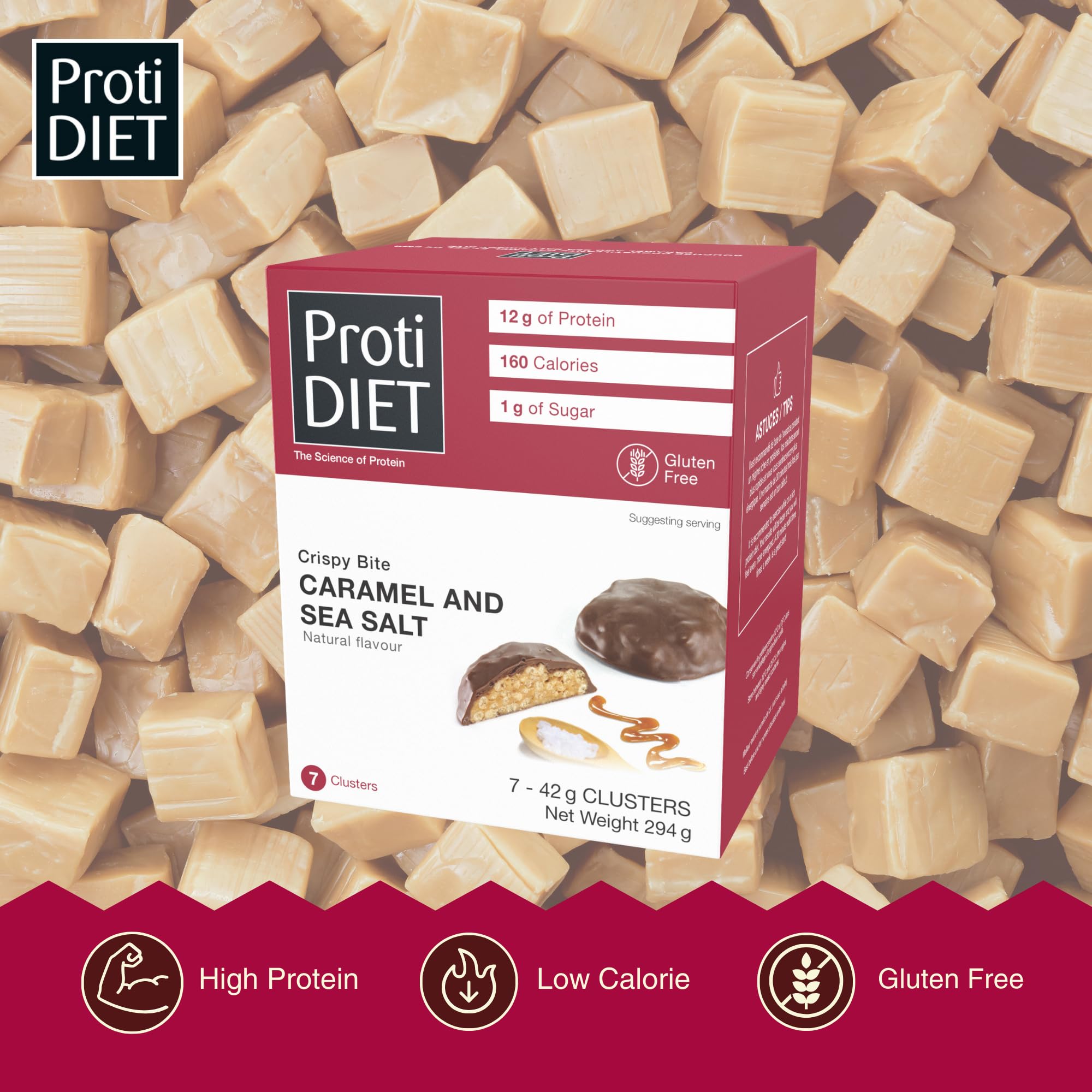 ProtiDIET Caramel & Sea Salt Collagen Protein Crispy Bites - Gluten Free, Low Sugar, No Trans Fat - High Protein Healthy Snacks for Adults with Essential Nutrients - 7 Protein Clusters per Box - Perfect for Work, Gym & Travel