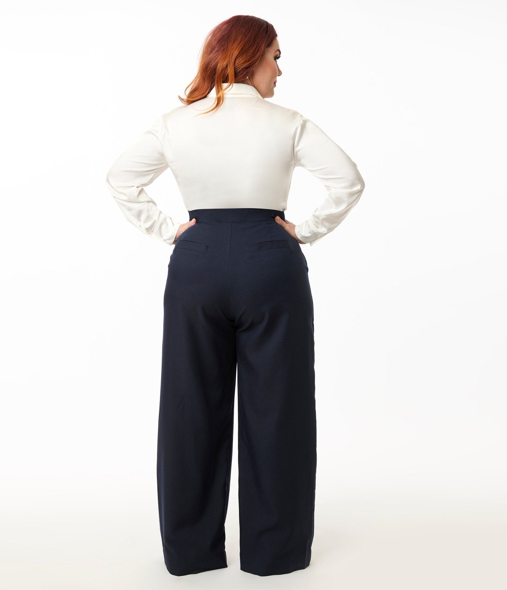 Smak Parlour Plus Size Navy & Silver Button Wide Leg Sailor Pants for Women - Comfortable High Waisted Trousers for Work, Office, and Casual Outfits