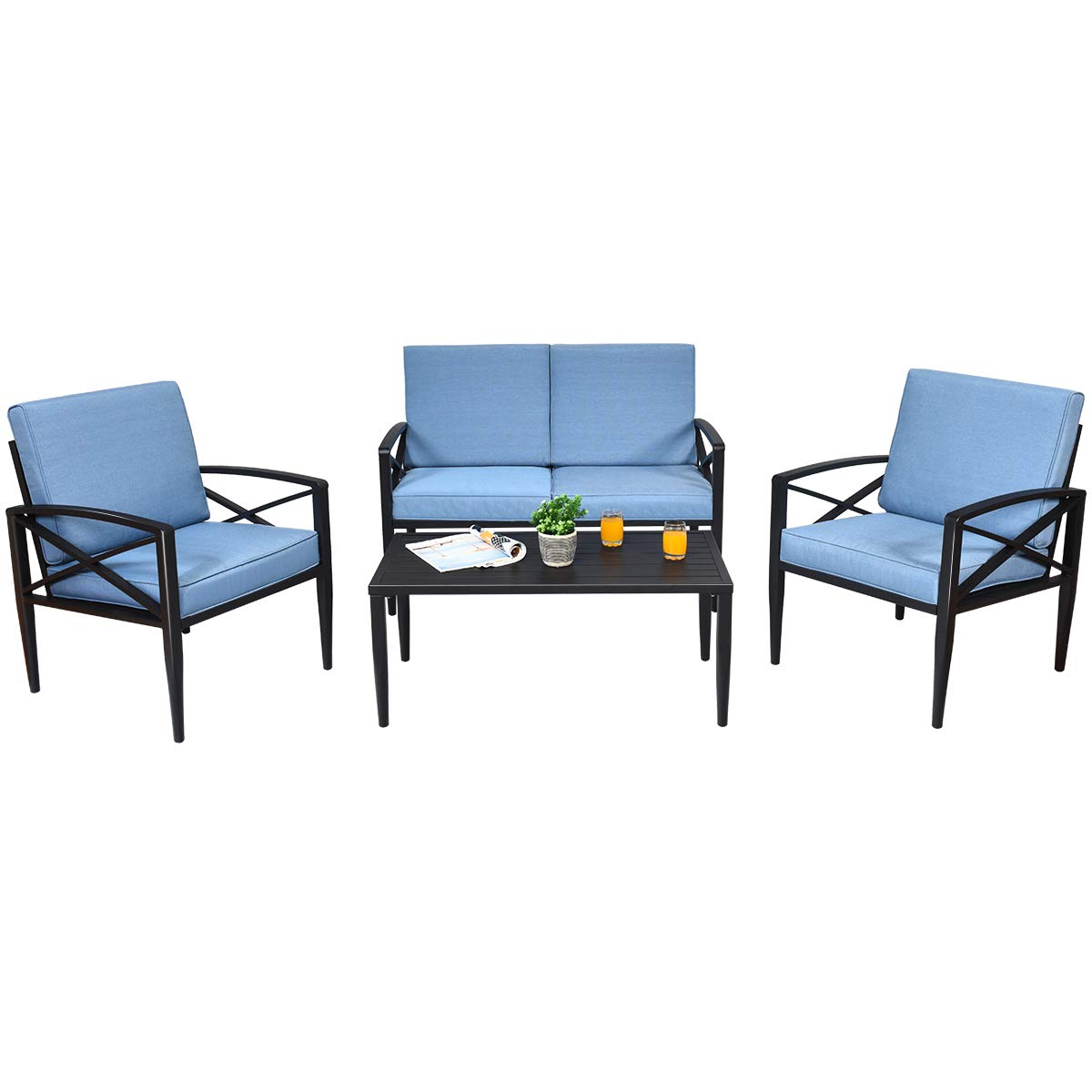 Tangkula 4-Piece Outdoor Aluminum Patio Conversation Set - 1 Loveseat, 2 Single Sofas & Coffee Table with Padded Cushions - Weather-Resistant Garden, Yard, Poolside & Backyard Furniture (Blue) - Perfect for Relaxing, Entertaining & Outdoor Gatherings