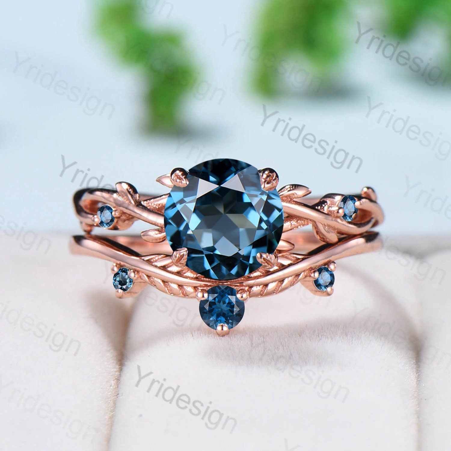 London Blue Topaz Engagement Ring Set in Rose Gold - Natural Inspired Branch Design Wedding Ring for Women - Unique Leaf Anniversary Promise Ring - Perfect for Proposals, Weddings & Special Occasions