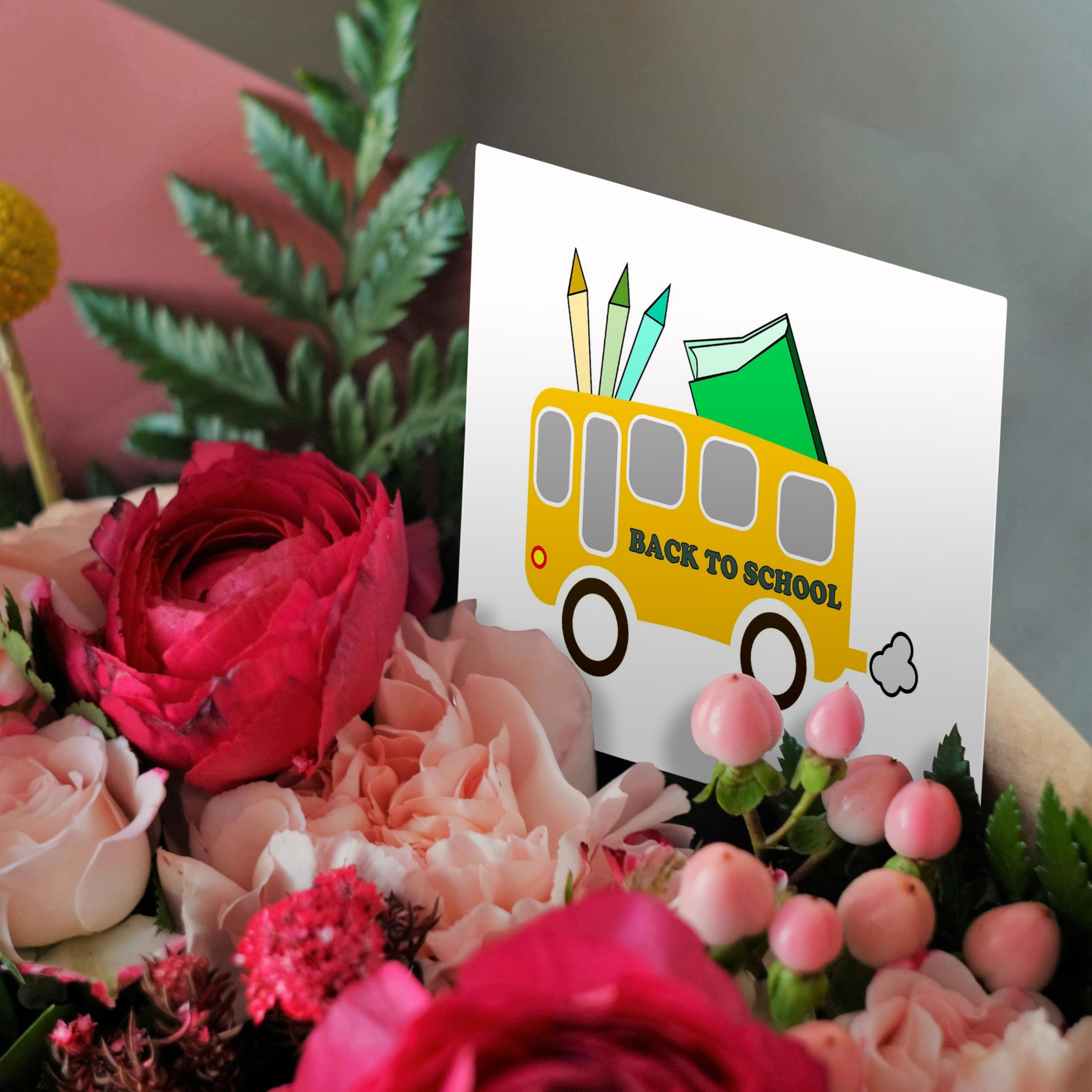 3dRose Greeting Card - Cartoon School Bus Back to School Design by Florene | Classroom Decor, Teacher Appreciation Gift, First Day of School Keepsake