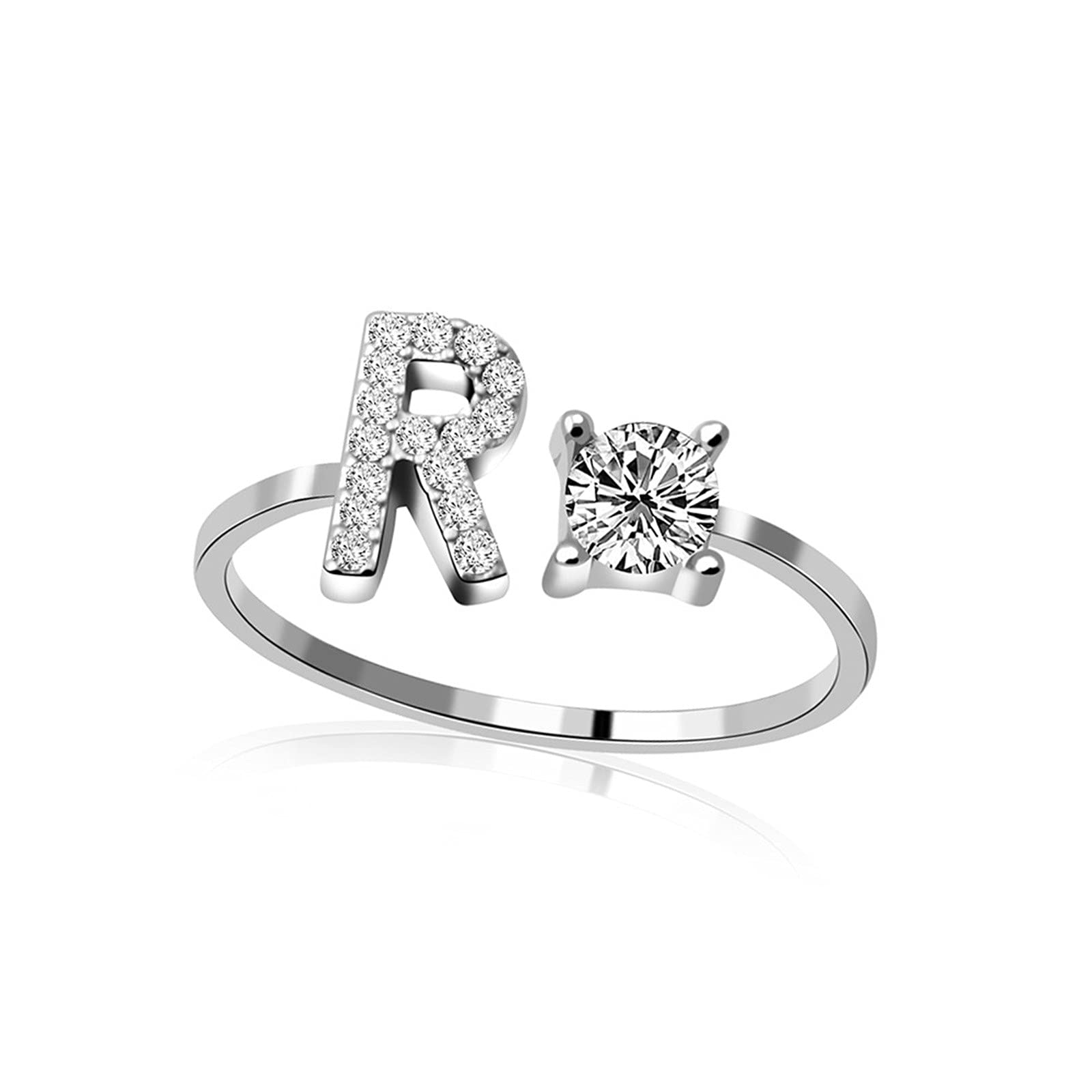 26 English Alphabet Rings for Women - Adjustable Silver Letter Rings with Zircon - Personalized Initial Jewelry for Women, Girls, Moms - Perfect for Mother's Day, Wedding, Anniversary, Birthday Gifts - Great for Everyday Wear, Parties, and Special Occasions (Letter R)