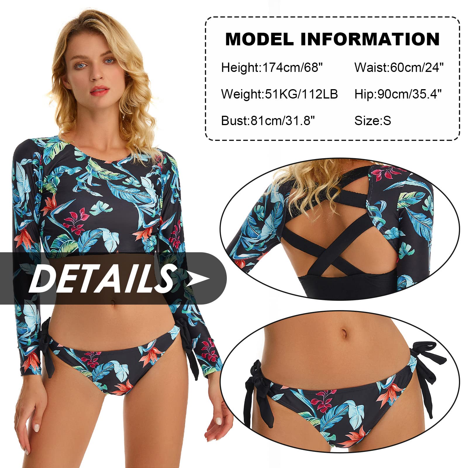 Women's Long Sleeve 2-Piece Printed Swim Shirt & Rash Guard Set - Lace Up Back Training Top Tankini Wetsuit - Blue Beachwear for Swimming, Surfing & Water Sports