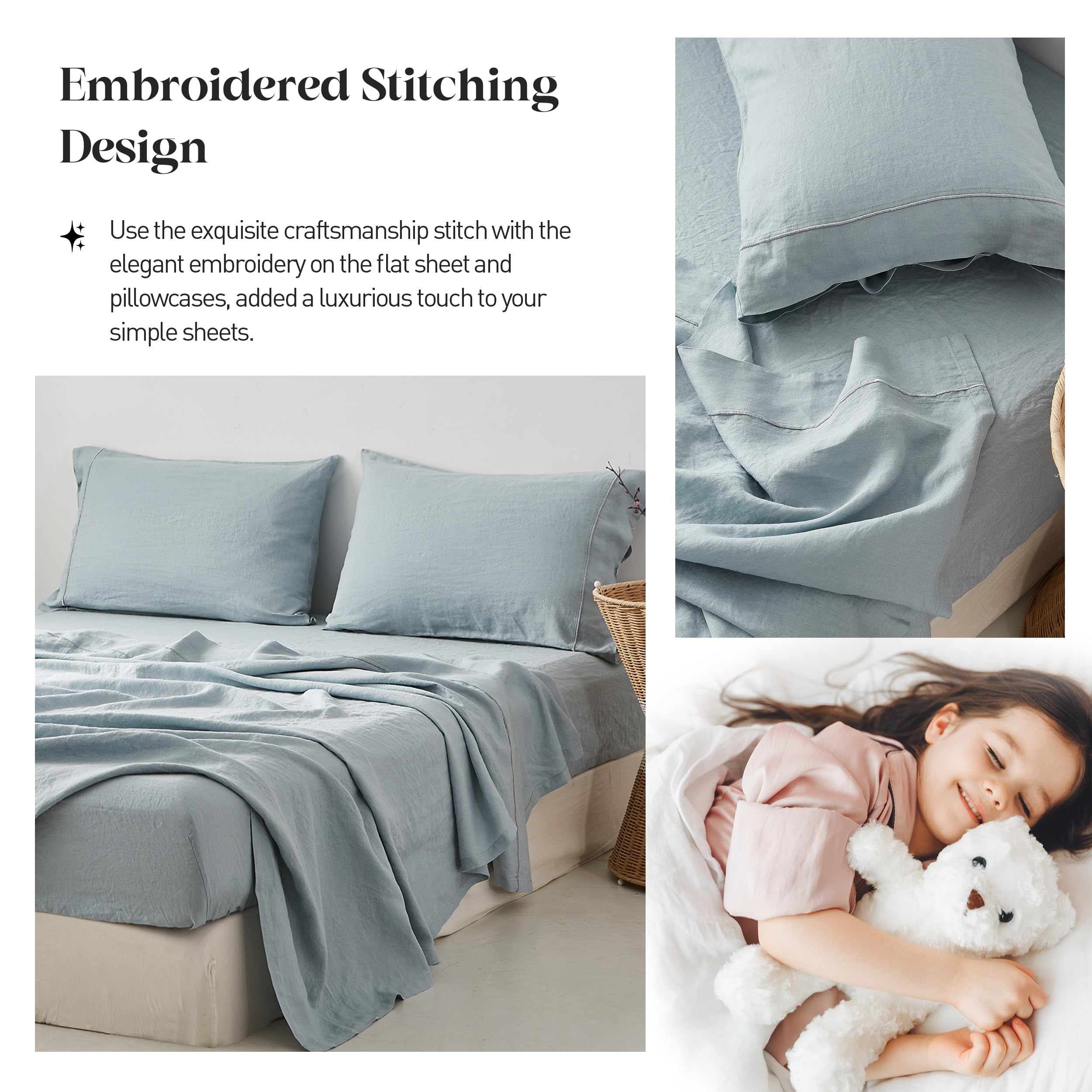 Luxury 100% Pure Linen Sheet Set King Size - Natural French Flax, Breathable Washed Bedding (4pc: 1 Flat Sheet, 1 Fitted Sheet, 2 Pillowcases) - Farmhouse Style, Dusty Blue Embroidery | Perfect for Hot Sleepers, Summer Nights & Eco-Friendly Home Decor