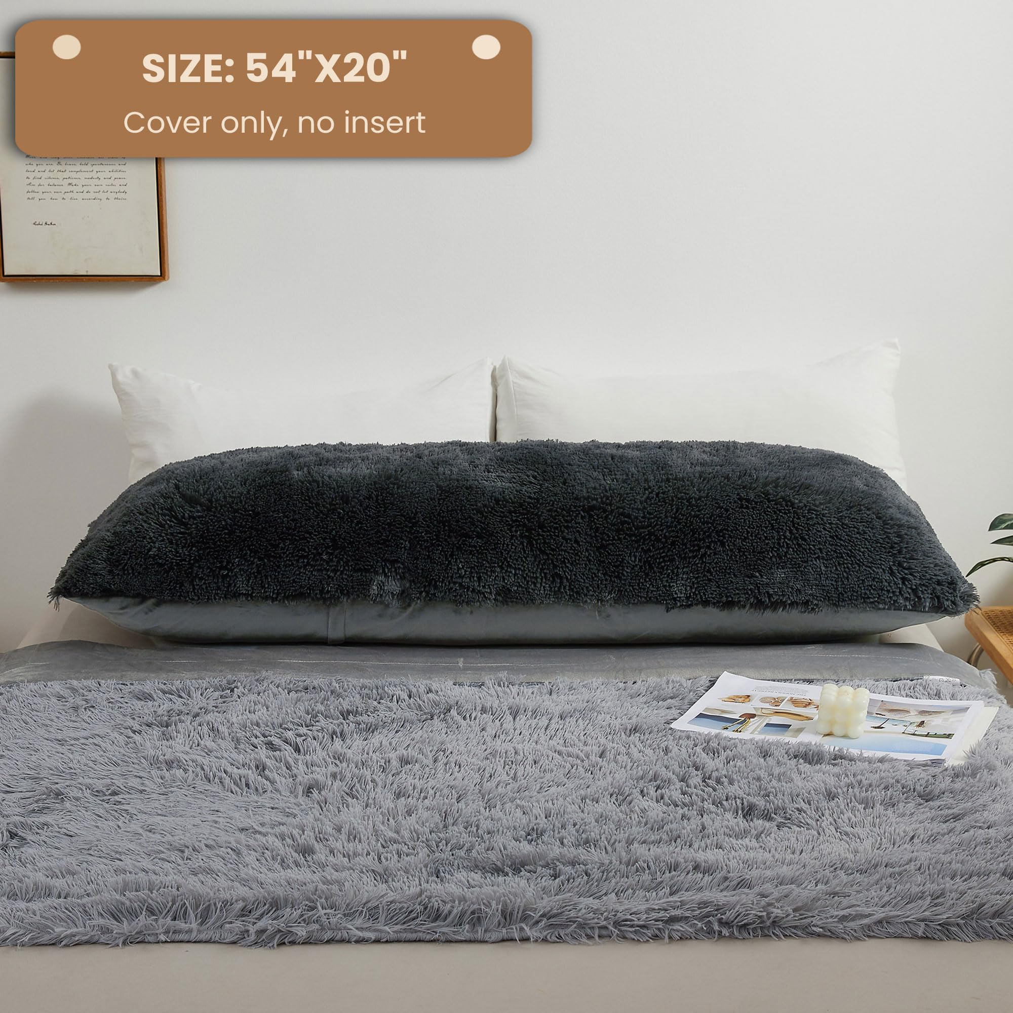 MEGO Shaggy Plush Body Pillow Cover - 20x54 Inch Grey Faux Fur Fluffy Pillowcase with Zipper, Soft Boho Fuzzy Pillow Sham for Bed, Couch & Living Room - Perfect for Cozy Home Decor, Nap Time & Movie Nights (Dark Gray)