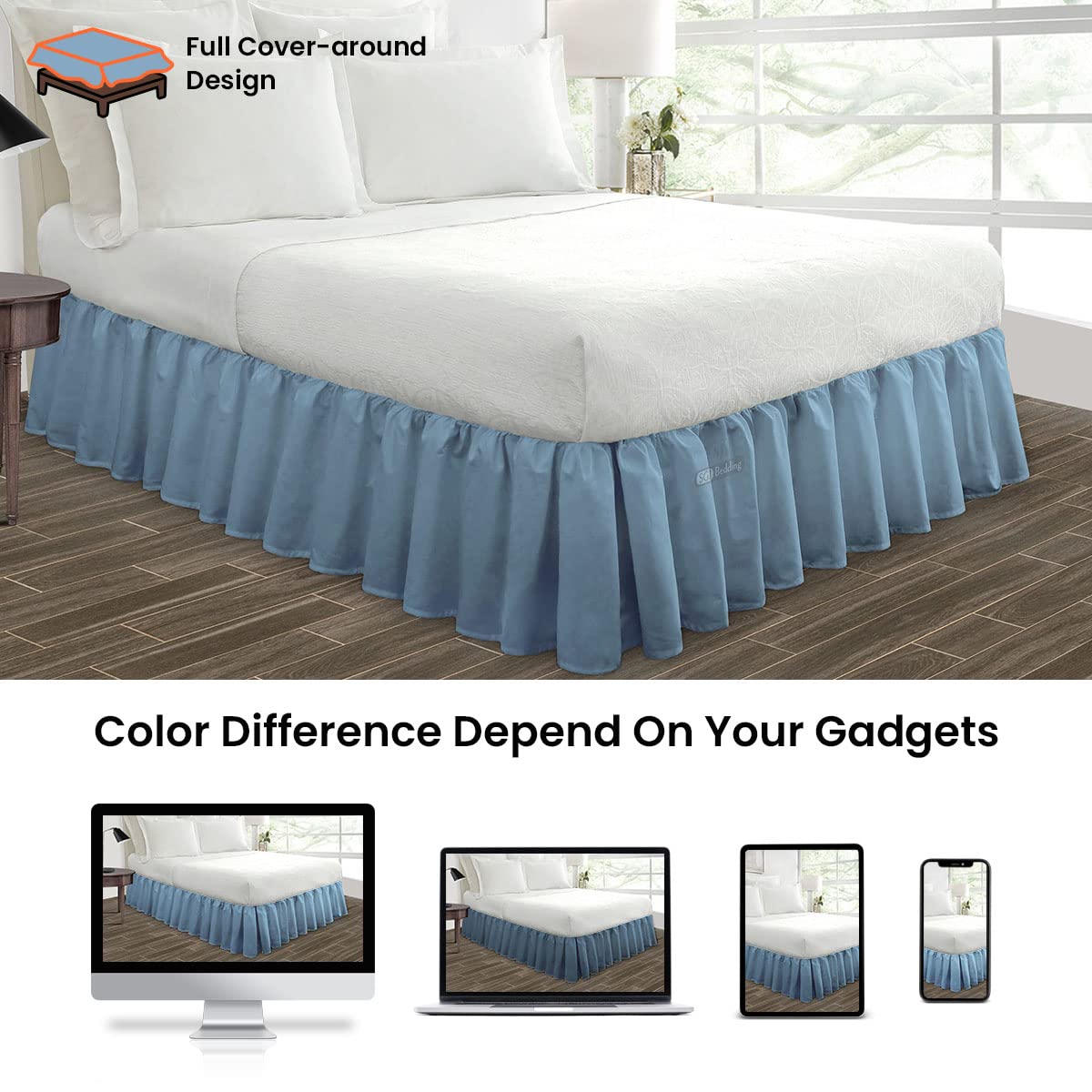 SGI Bedding 16 Inch Ruffled Bed Skirt - Premium Microfiber Bedskirt with Fade-Resistant, Wrinkle-Free & Anti-Static Features - Decorative Full Size Bed Skirt with Extra Storage Space - Mediterranean Blue - Perfect for Guest Rooms, Master Bedrooms & Home Decor