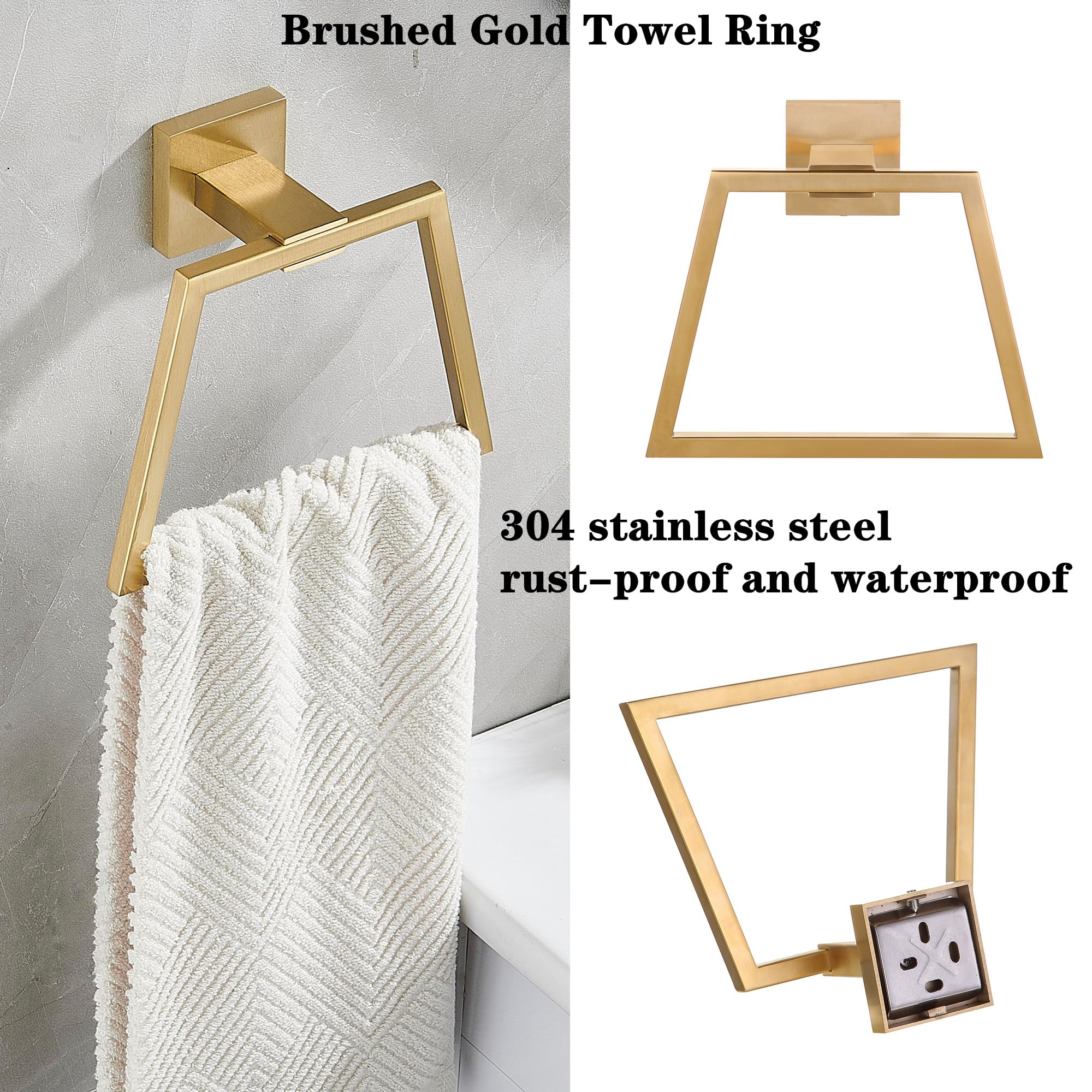 Brushed Gold Square Towel Ring - Modern Stainless Steel Bathroom Towel Holder, Wall Mounted Towel Hanger for Kitchen & Bathroom Decor - Perfect for Guest Bathrooms, Spa Style Showers, and Luxury Powder Rooms