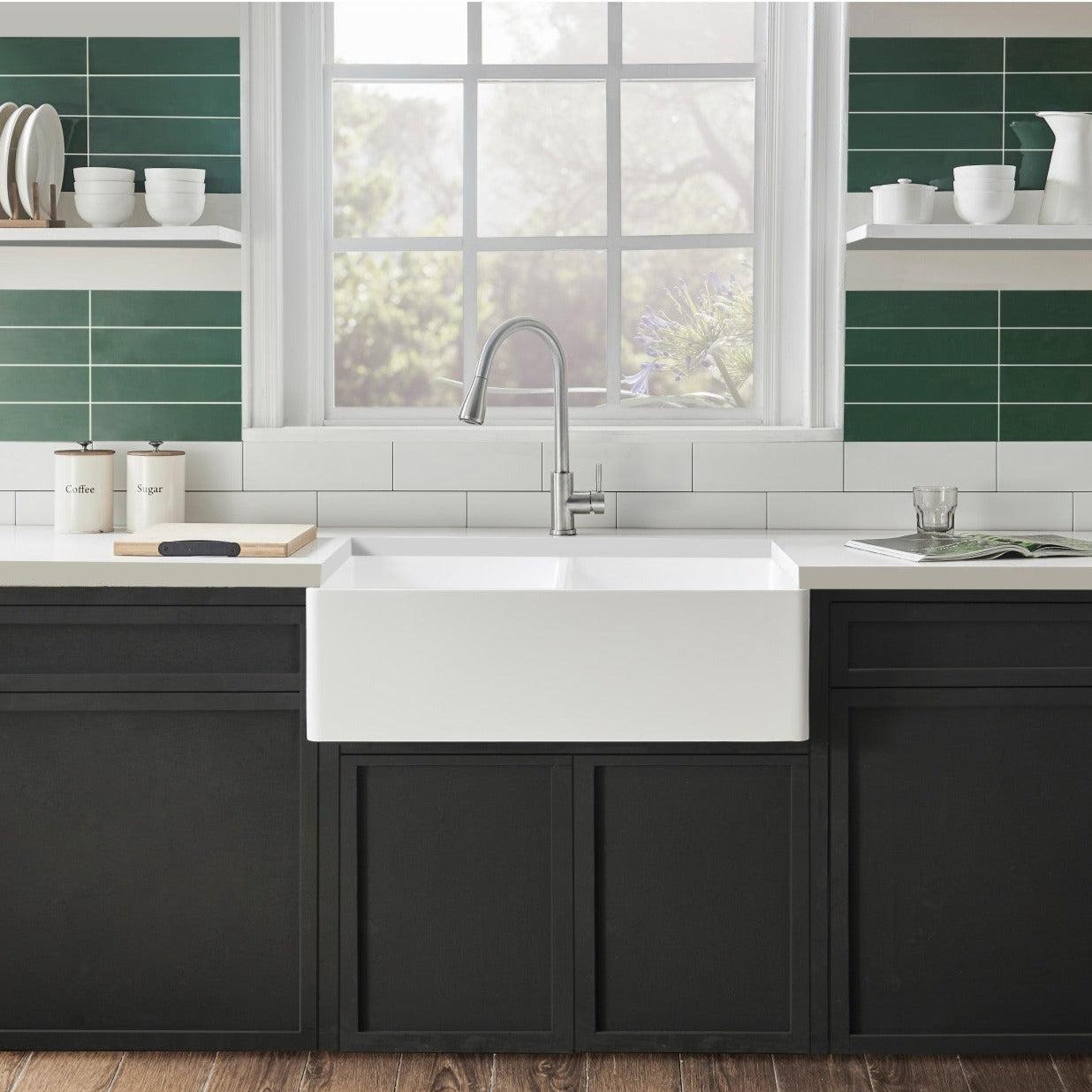 Kingston Brass 33-Inch Matte White Farmhouse Kitchen Sink - Double Bowl Solid Surface Sink GKFA331810BCD - Perfect for Rustic & Modern Kitchens, Renovations & DIY Projects