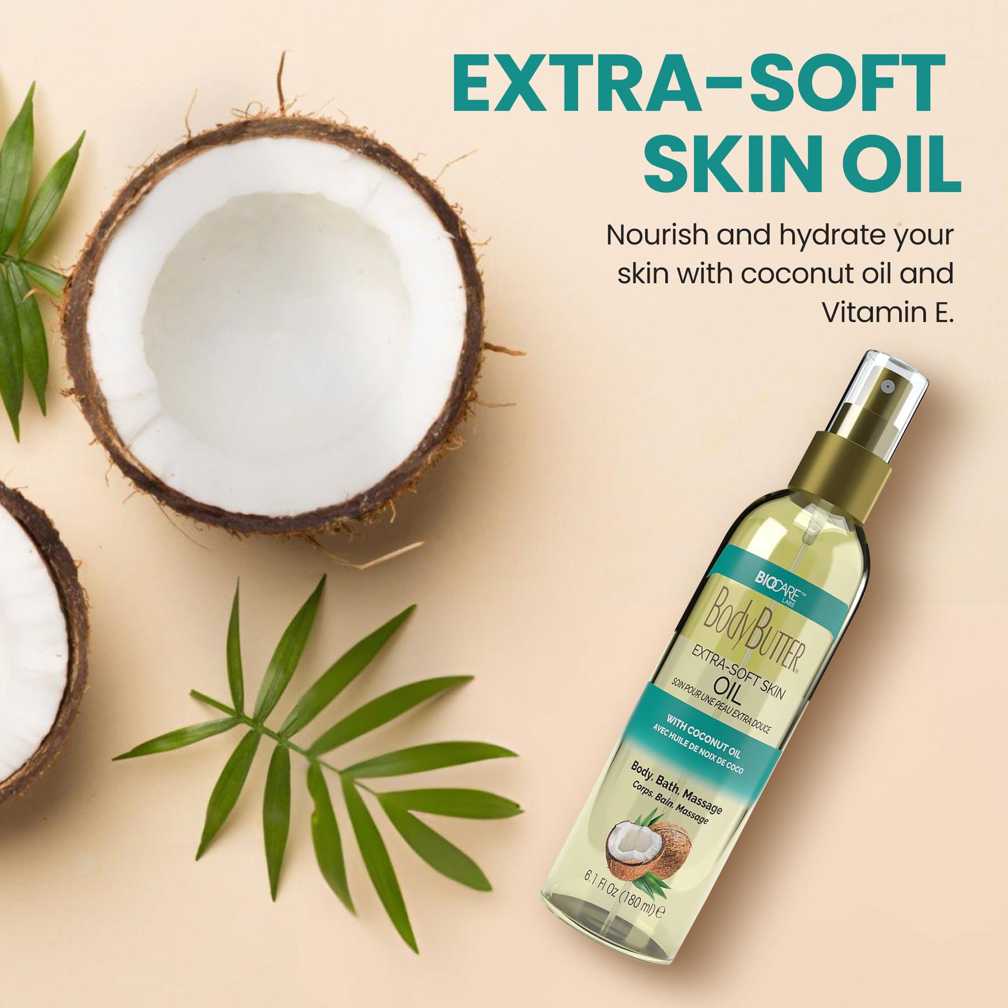Biocare Extra-Soft Skin Body Oil with Coconut Oil - 6 oz | Hydrating & Nourishing Moisturizer for Dry Skin | Perfect for Massage, After Shower & Daily Skincare Routine