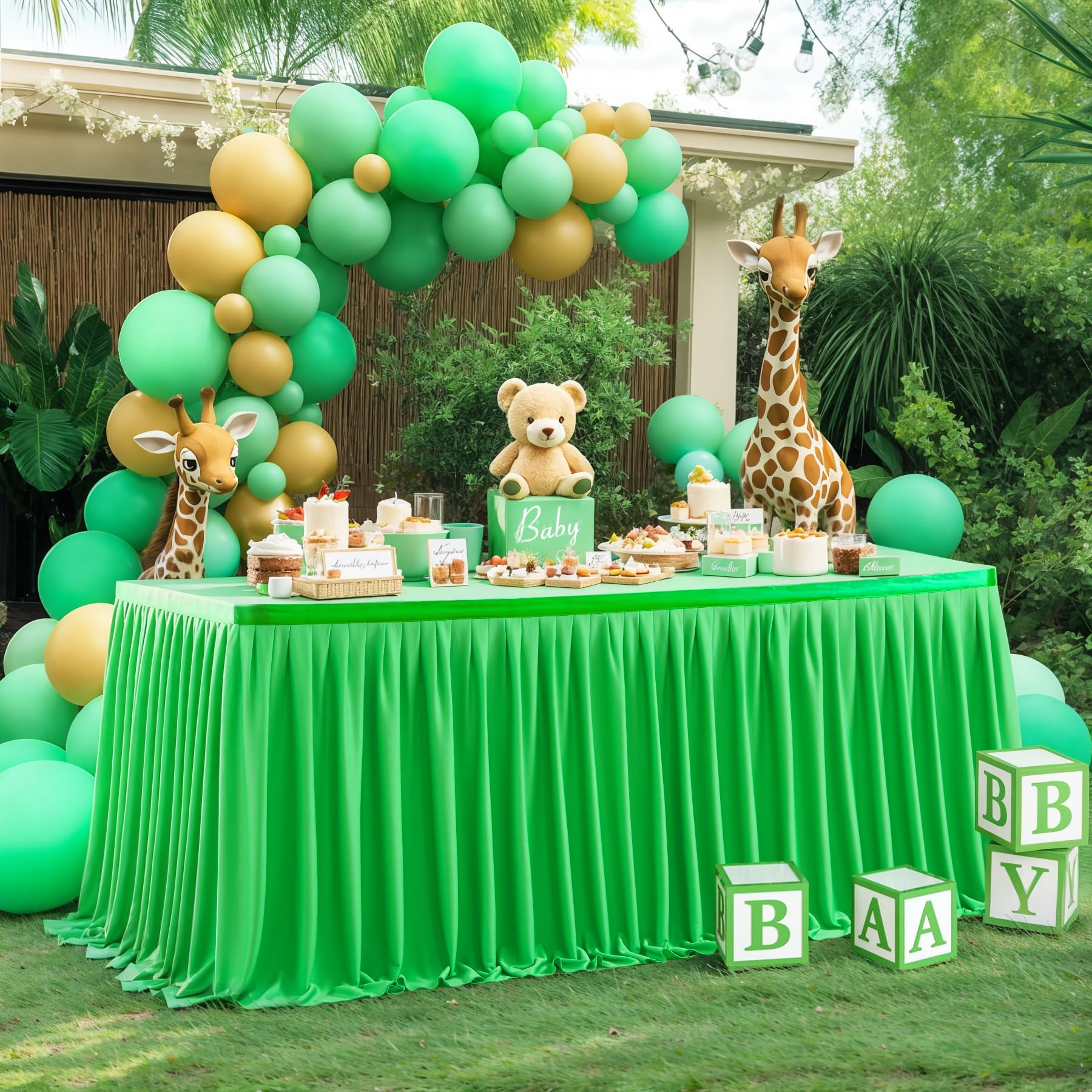 Partisky 9ft Green Polyester Table Skirt - Wrinkle Resistant Pleated Ruffle Tablecloth for Banquets, Weddings, Baby Showers | Perfect for Dining Tables, Gift Displays & Trade Show Decorations